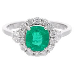 Natürlicher sambischer Smaragd Edelstein Ring Diamant 14 Karat Weißgold Feine Juwelen