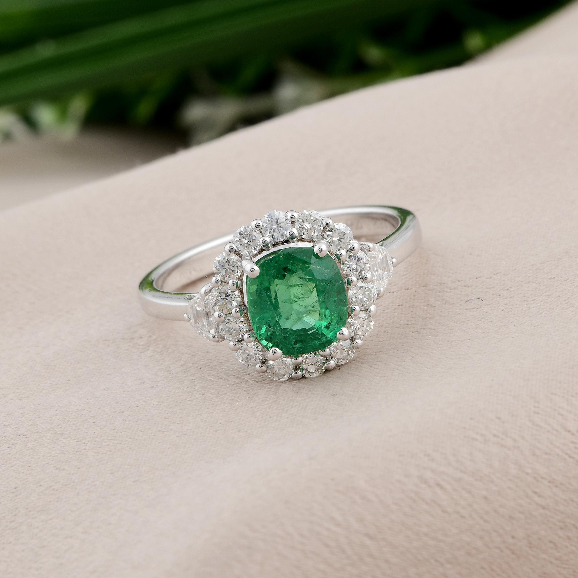 Modern Natural Emerald Gemstone Ring Diamond 18 Karat White Gold Handmade Fine Jewelry For Sale