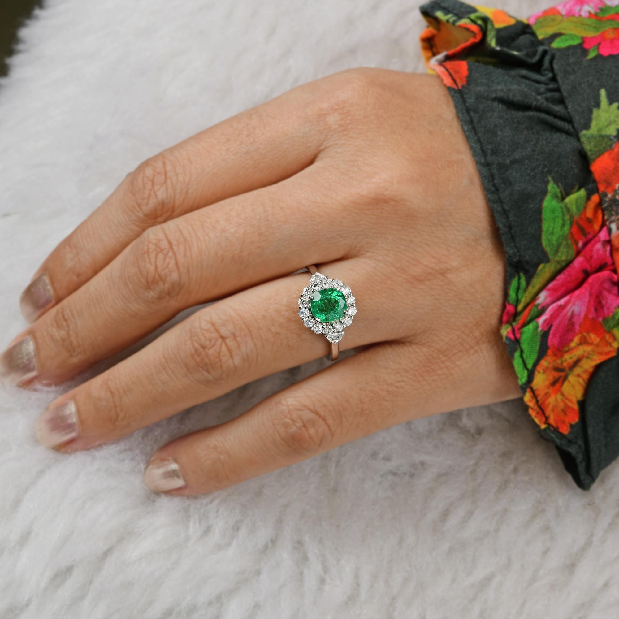 Cushion Cut Natural Emerald Gemstone Ring Diamond 18 Karat White Gold Handmade Fine Jewelry For Sale