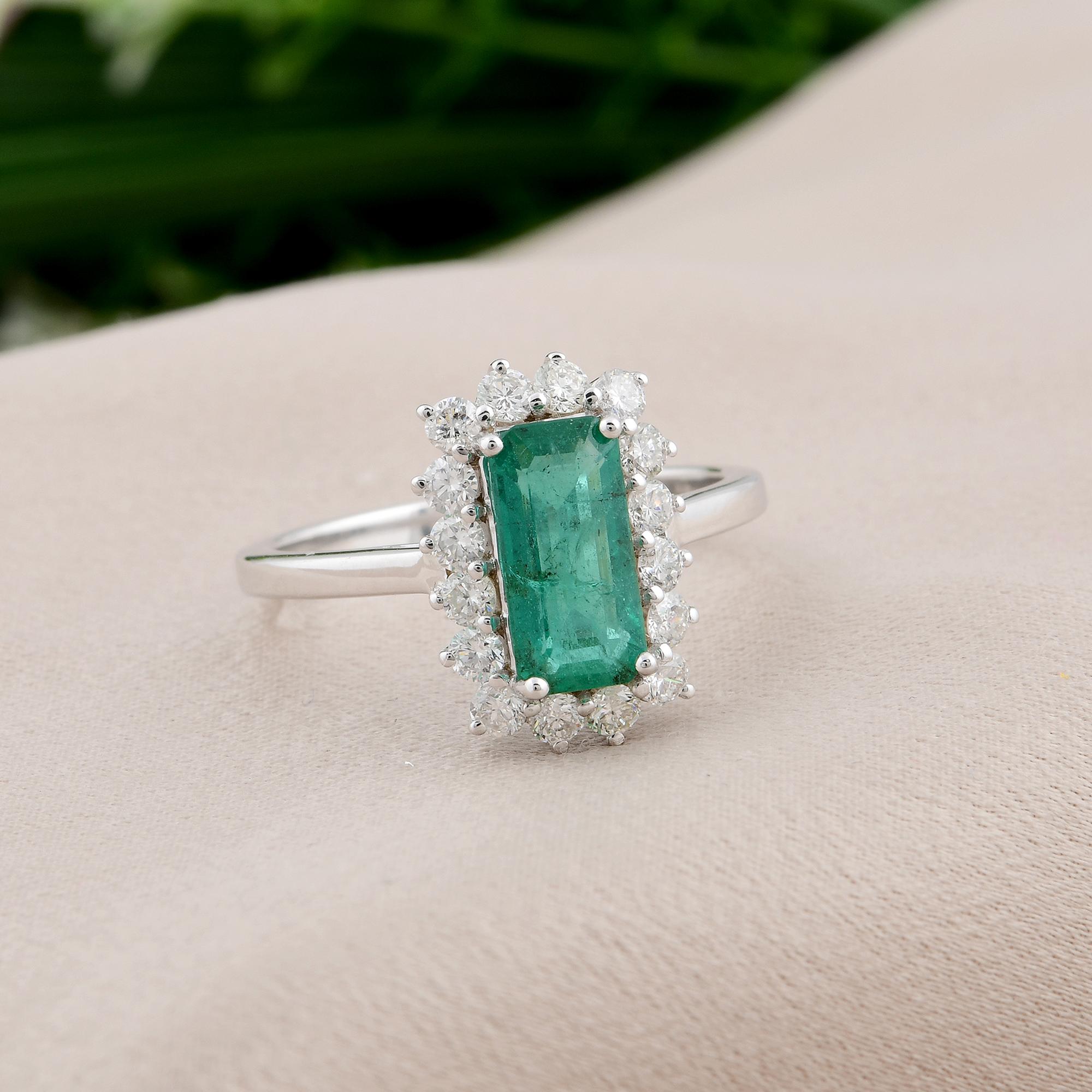 Emerald Cut Natural Emerald Gemstone Ring Diamond 18 Karat White Gold Handmade Fine Jewelry For Sale