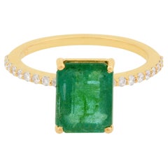 Natural Zambian Emerald Gemstone Ring Diamond Pave Solid 18k Yellow Gold Jewelry