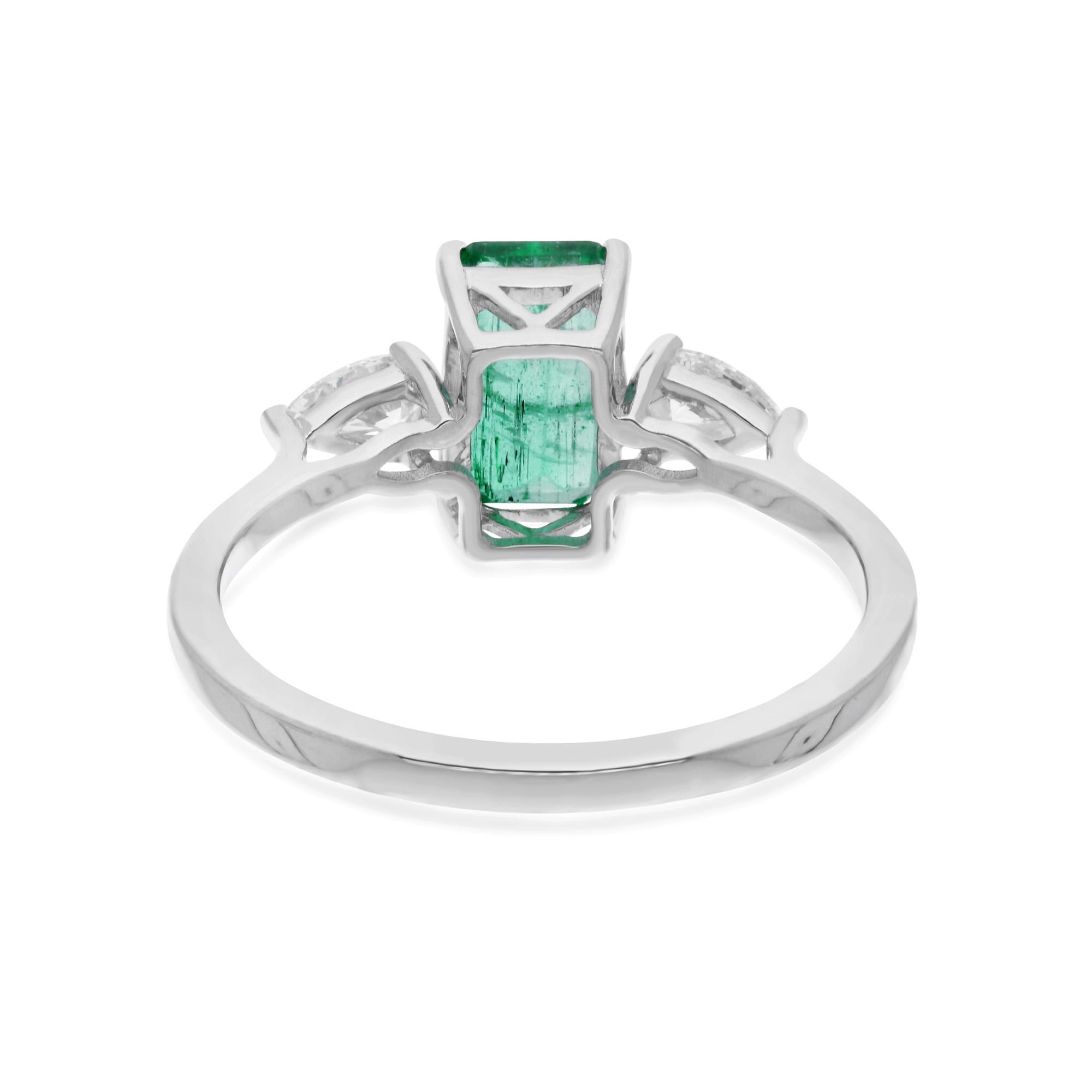 Modern Natural Zambian Emerald Gemstone Ring Pear Diamond 14 Karat White Gold Jewelry For Sale