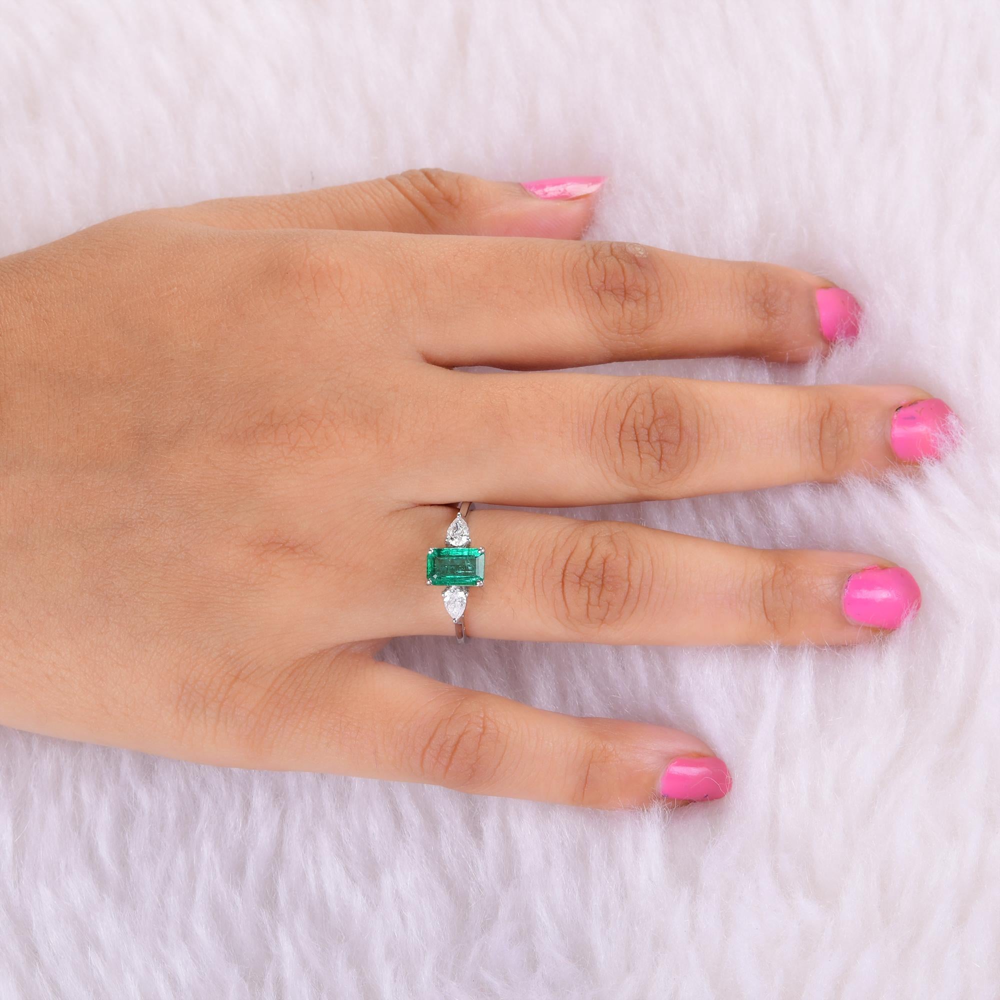 Emerald Cut Natural Zambian Emerald Gemstone Ring Pear Diamond 14 Karat White Gold Jewelry For Sale