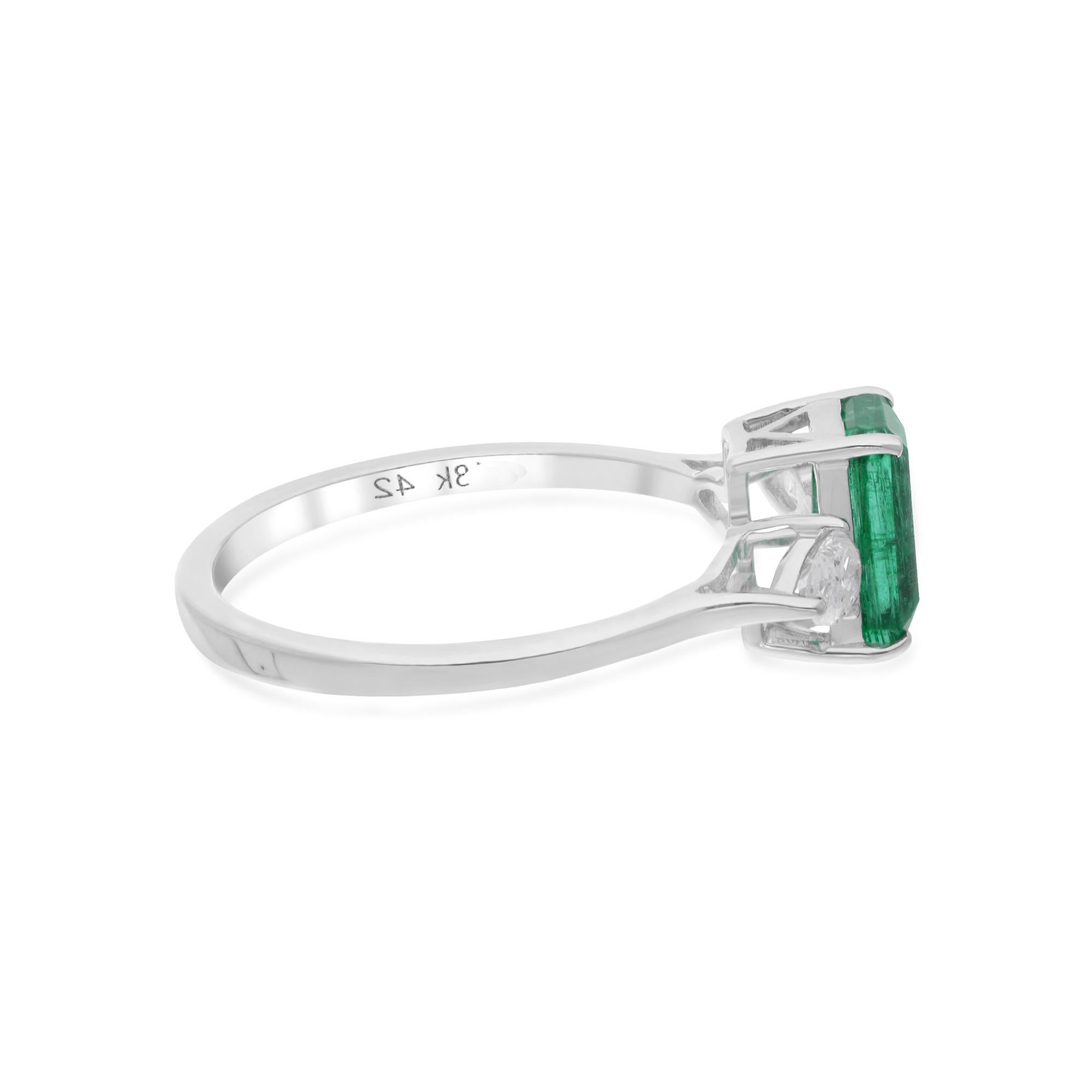 Women's Natural Zambian Emerald Gemstone Ring Pear Diamond 14 Karat White Gold Jewelry For Sale