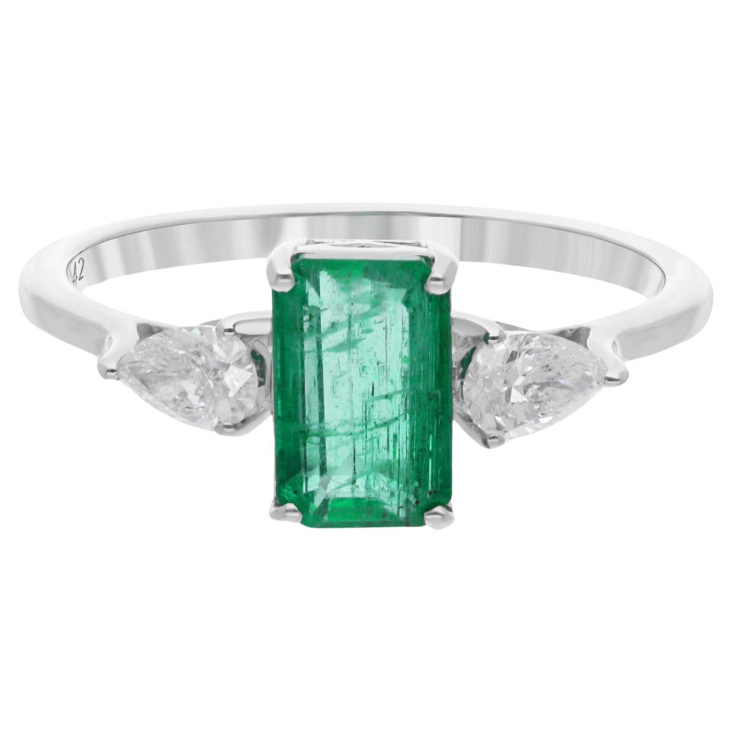 Natural Zambian Emerald Gemstone Ring Pear Diamond 14 Karat White Gold Jewelry For Sale