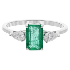 Natural Zambian Emerald Gemstone Ring Pear Diamond 14 Karat White Gold Jewelry