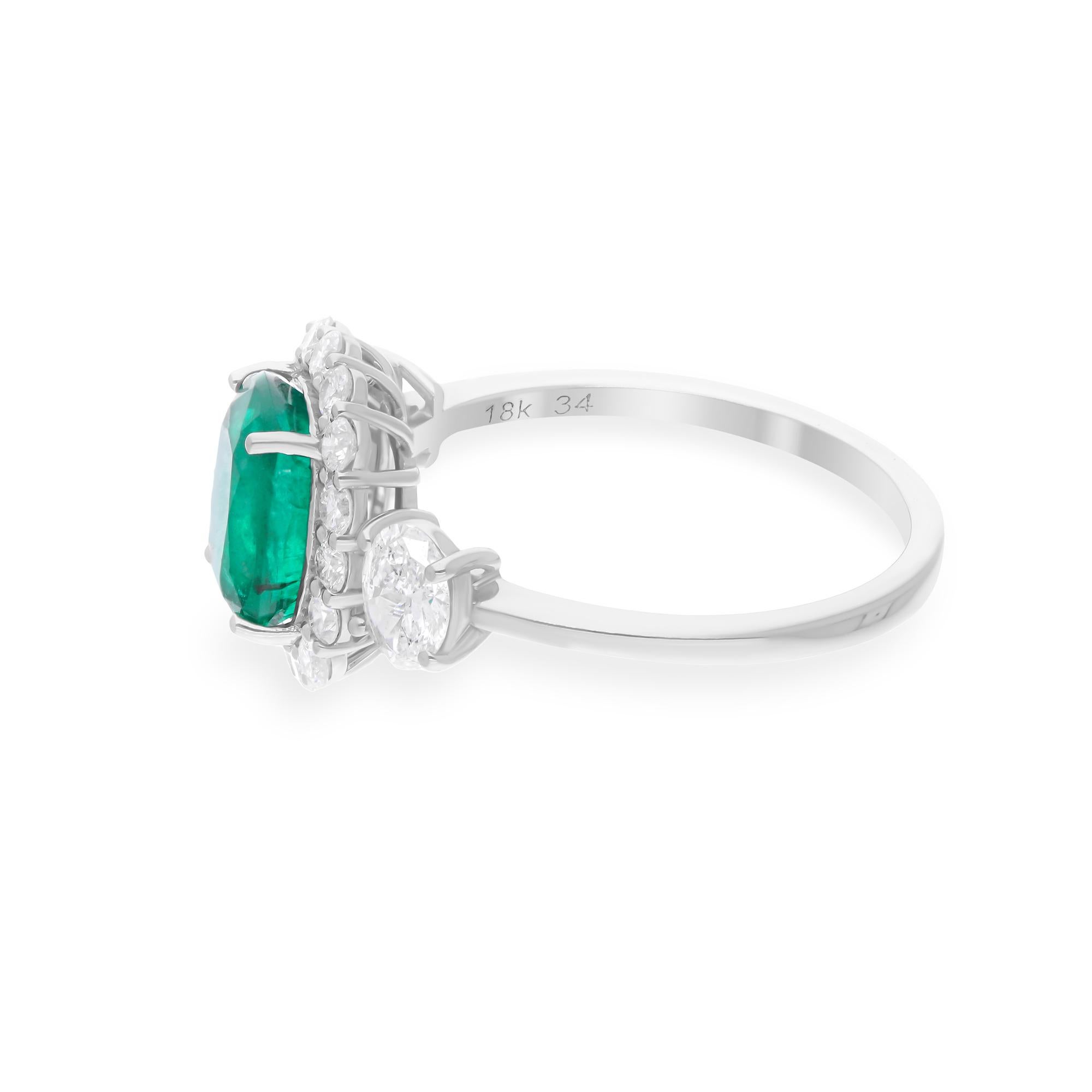 Modern Natural Zambian Emerald Gemstone Ring SI/H Diamond 14 Karat White Gold Jewelry For Sale
