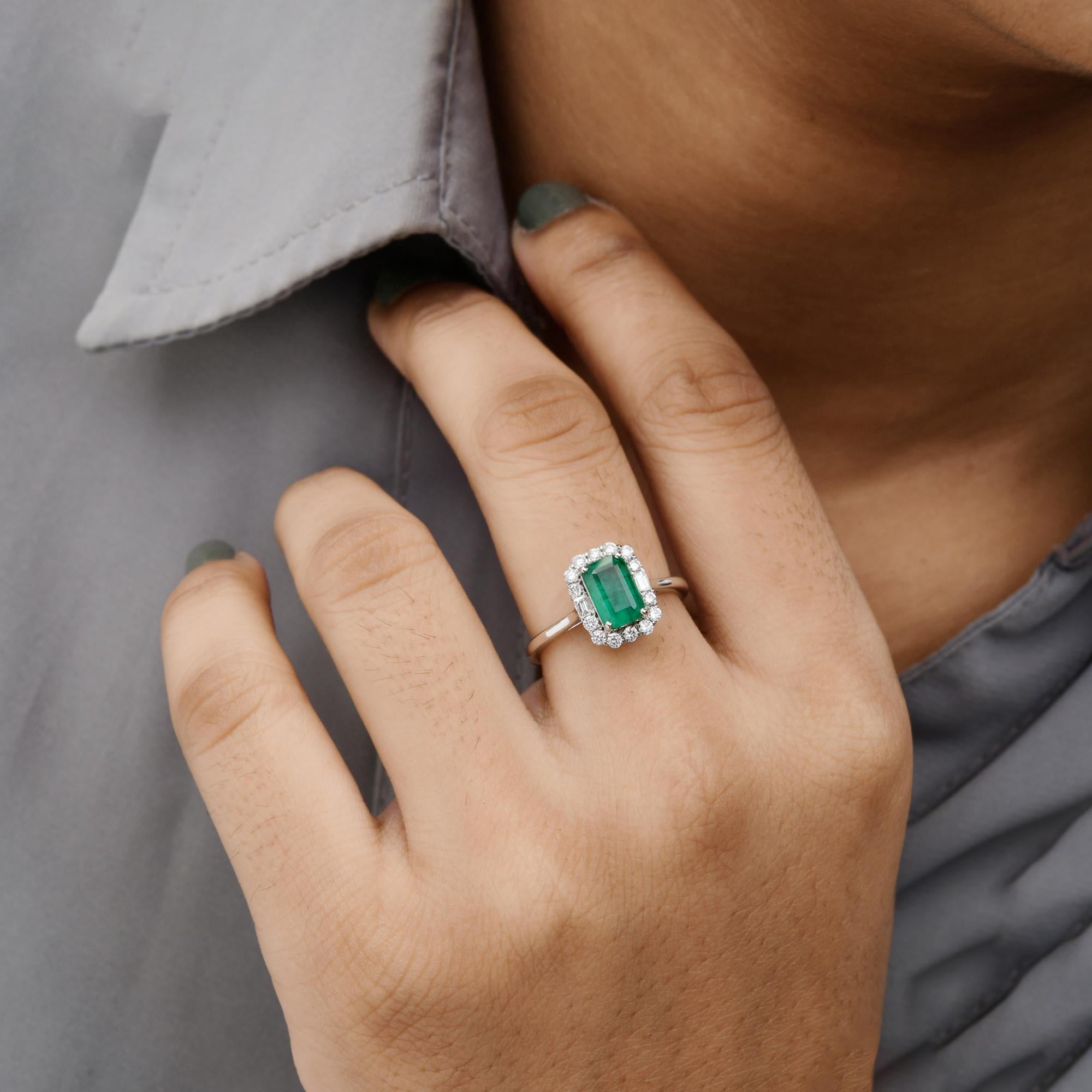 Octagon Cut 1.14 Carat Zambian Emerald Ring 0.36 Carat SI/H Diamond 14k White Gold Jewelry For Sale