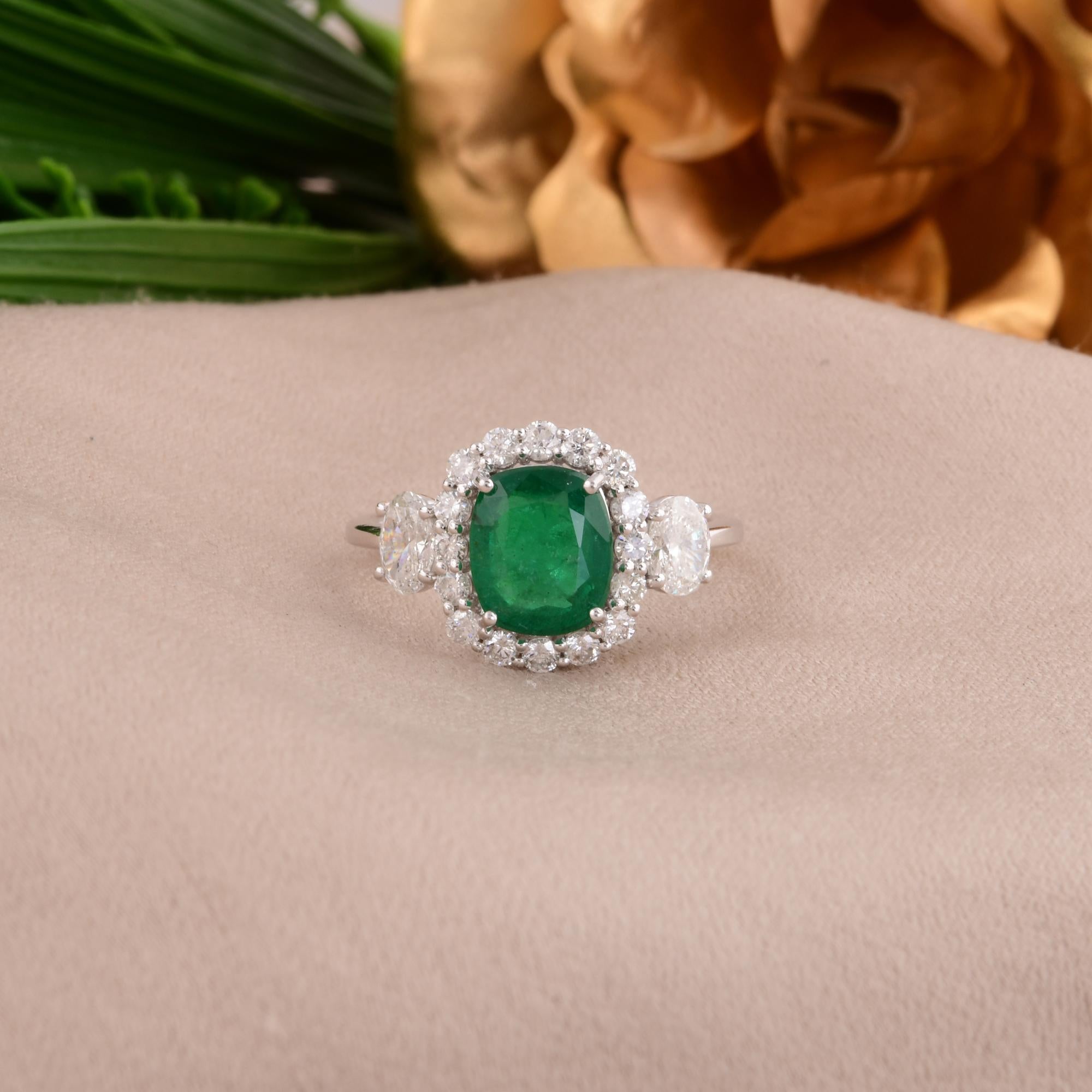 Cushion Cut Natural Zambian Emerald Gemstone Ring SI/H Diamond 14 Karat White Gold Jewelry For Sale