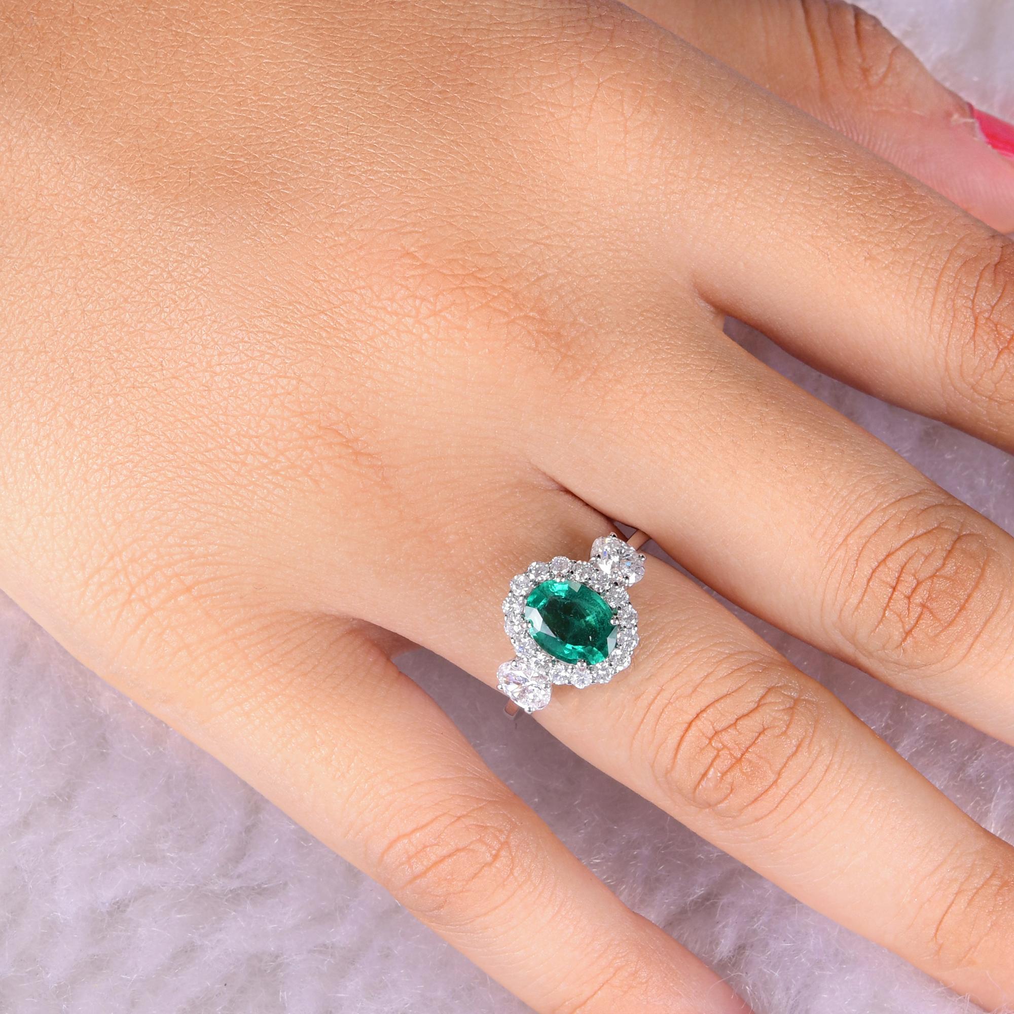 Natürlicher sambischer Smaragd-Edelstein-Ring SI/H Diamant 14 Karat Weißgold-Schmuck (Ovalschliff) im Angebot