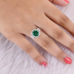 Natural Zambian Emerald Gemstone Ring SI/H Diamond 14 Karat White Gold Jewelry