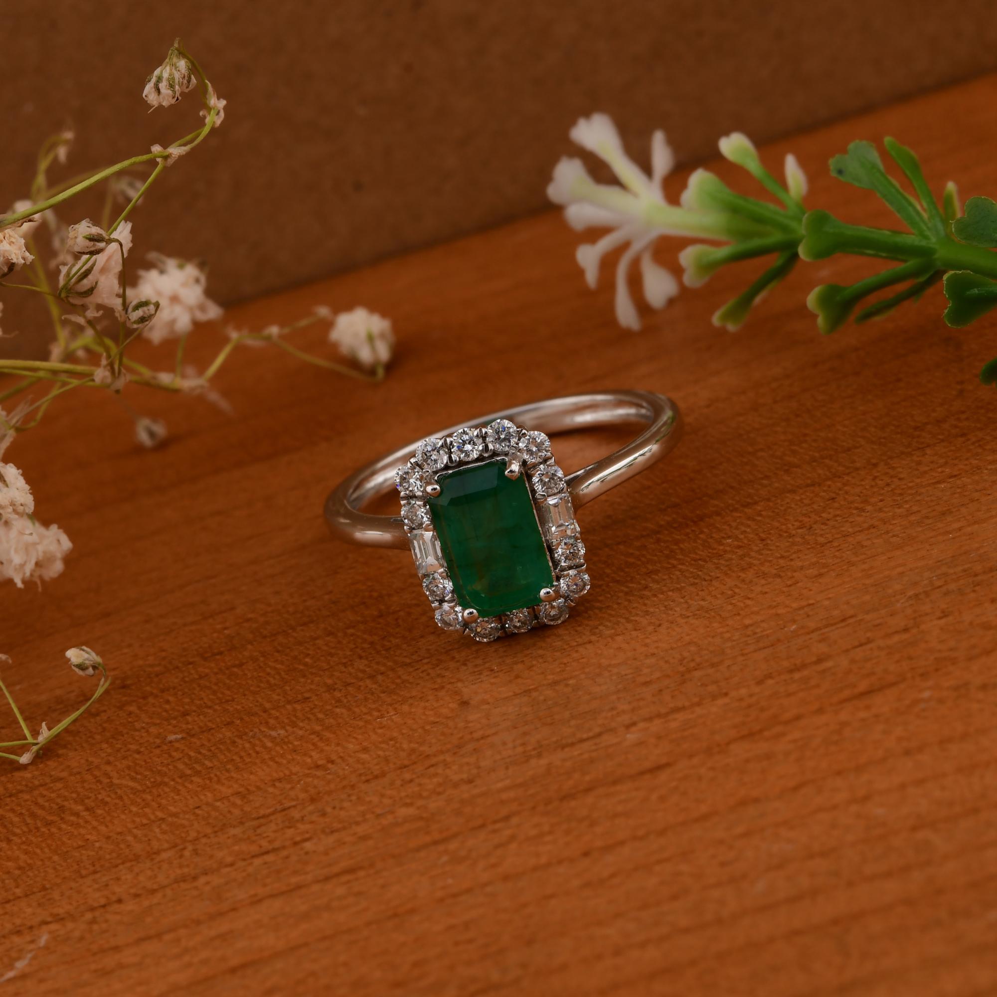 Women's 1.14 Carat Zambian Emerald Ring 0.36 Carat SI/H Diamond 14k White Gold Jewelry For Sale