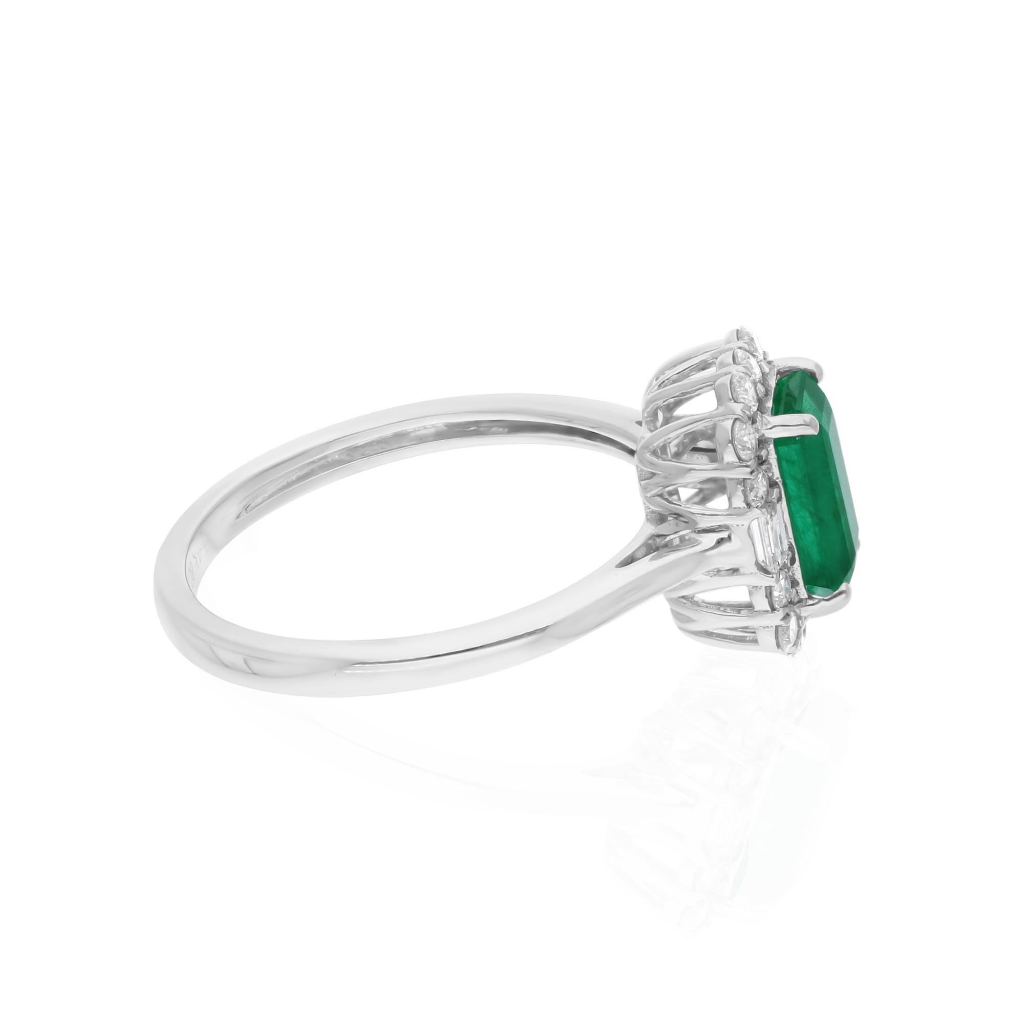 1.14 Carat Zambian Emerald Ring 0.36 Carat SI/H Diamond 14k White Gold Jewelry For Sale 1
