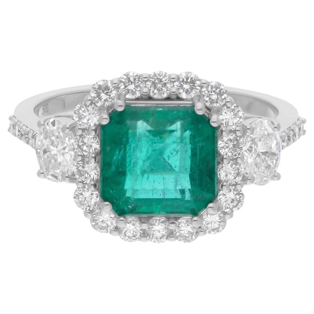 Natürlicher sambischer Smaragd-Edelstein-Ring SI/H Diamant 14 Karat Weißgold-Schmuck