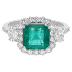 Natürlicher sambischer Smaragd-Edelstein-Ring SI/H Diamant 14 Karat Weißgold-Schmuck