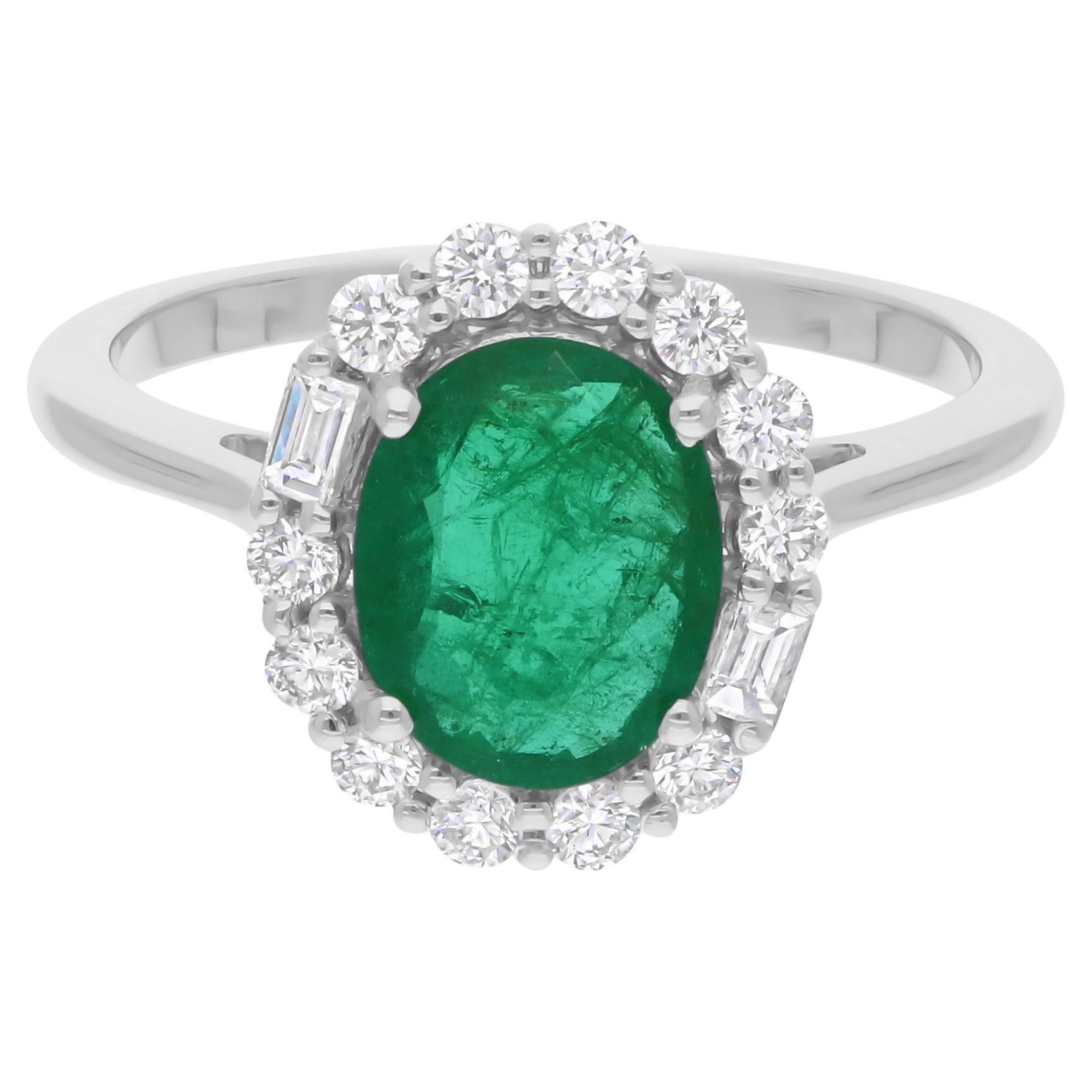Esmeralda zambiana natural Anillo SI/H Diamante Joyas de oro blanco de 14 quilates