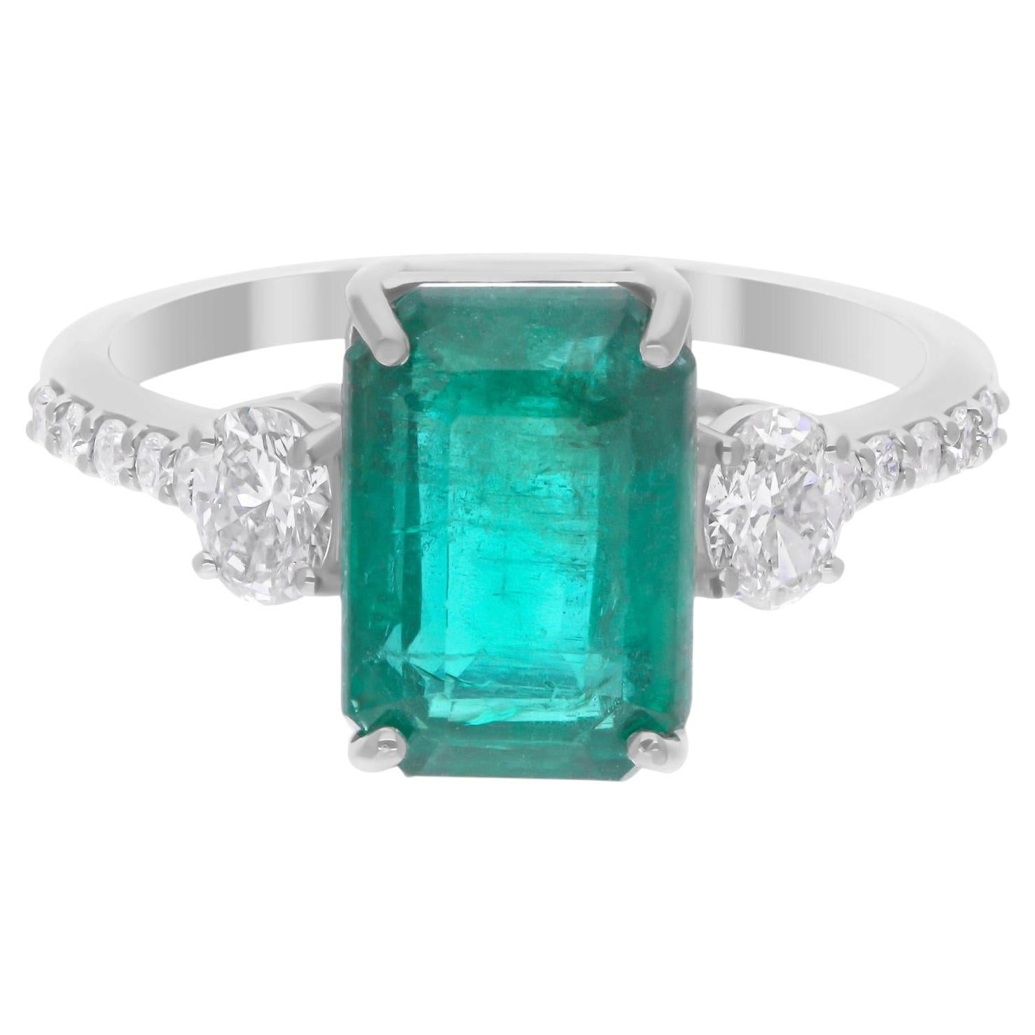 Zambian Emerald and Diamond Three-Stone Ring, 3.50 Carat Emerald, 18K White Gold