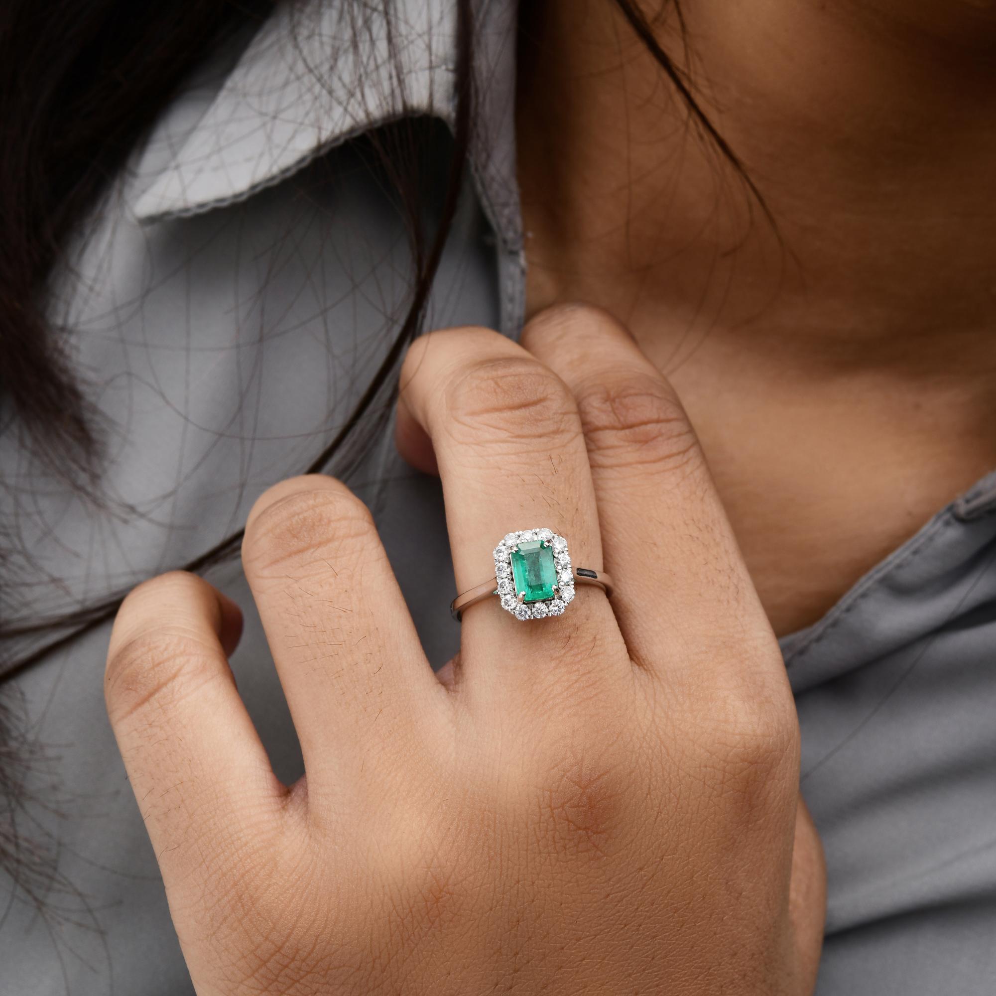 Octagon Cut Natural Zambian Emerald Gemstone Ring SI/HI Diamond 14 Karat White Gold Jewelry For Sale