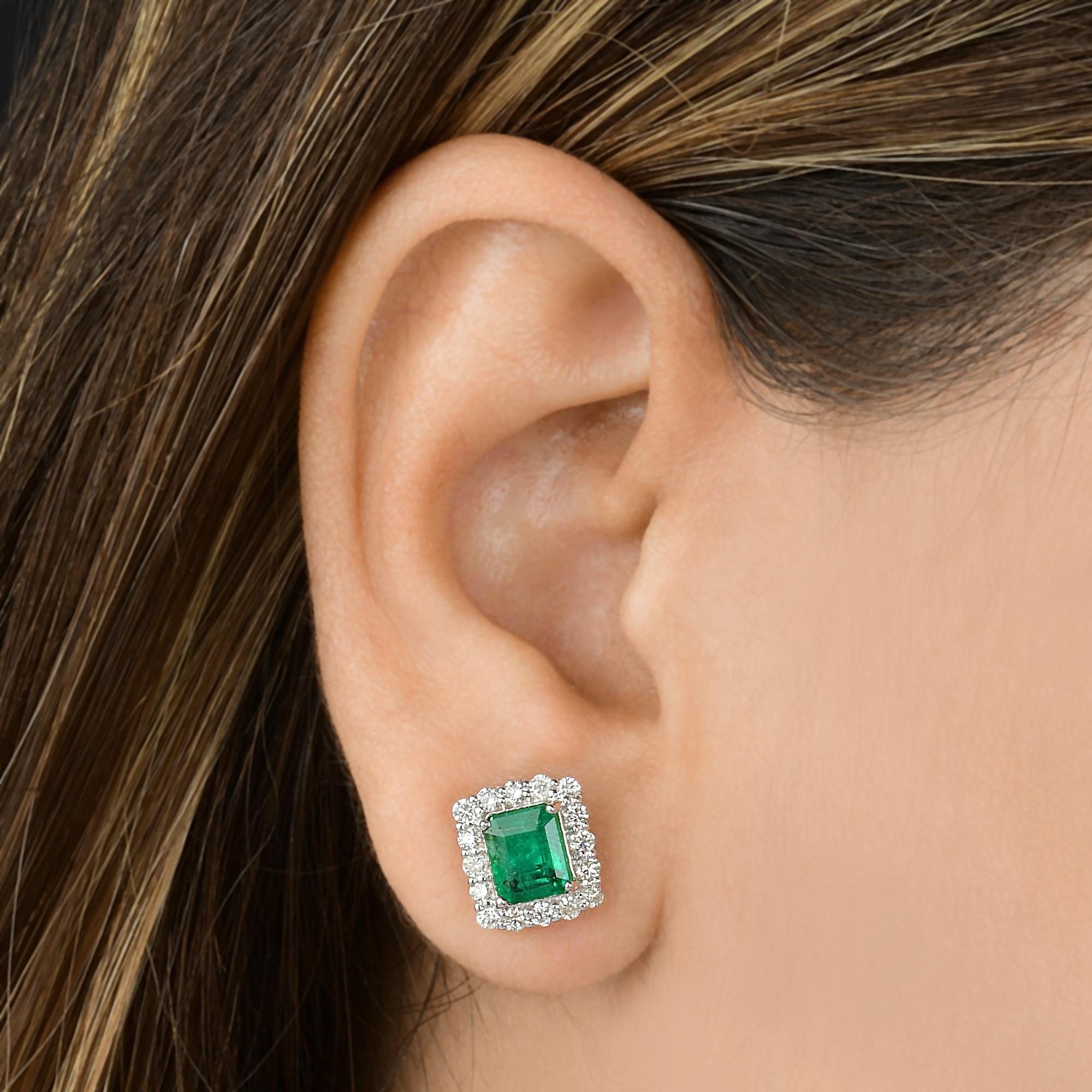 Emerald Cut Natural Zambian Emerald Gemstone Stud Earrings SI/HI Diamond 14 Karat White Gold For Sale