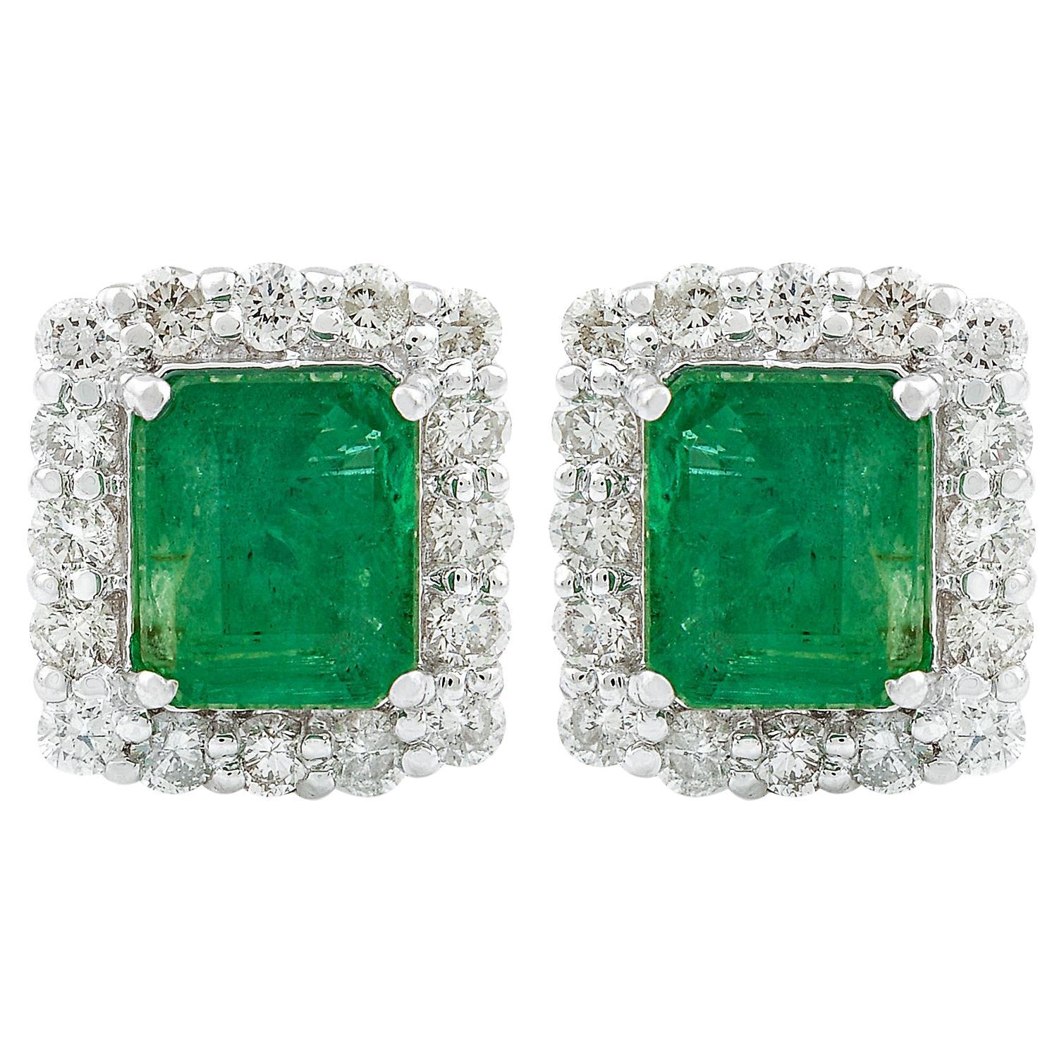 Natural Zambian Emerald Gemstone Stud Earrings SI/HI Diamond 14 Karat White Gold