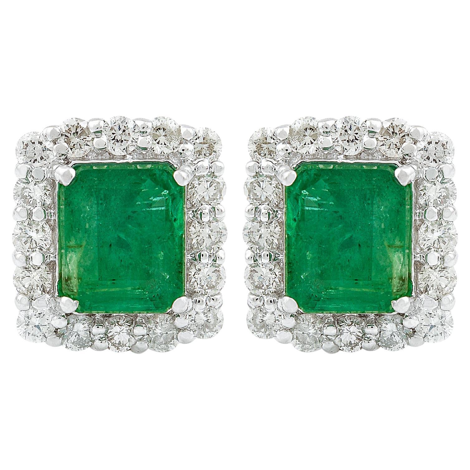 Orecchini con gemma di smeraldo naturale dello Zambia SI/HI Diamante Oro bianco 14 carati