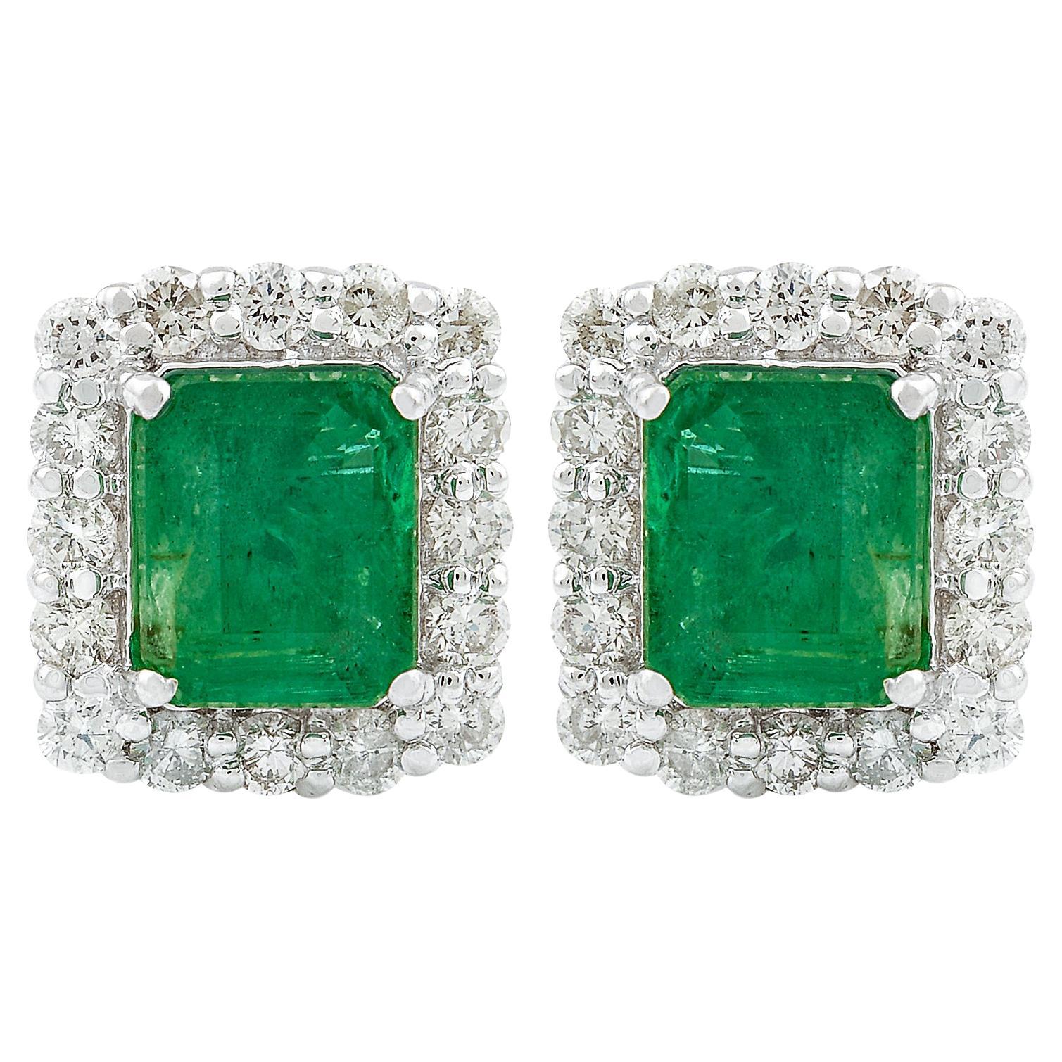 Natural Zambian Emerald Gemstone Stud Earrings SI/HI Diamond 18 Karat White Gold For Sale