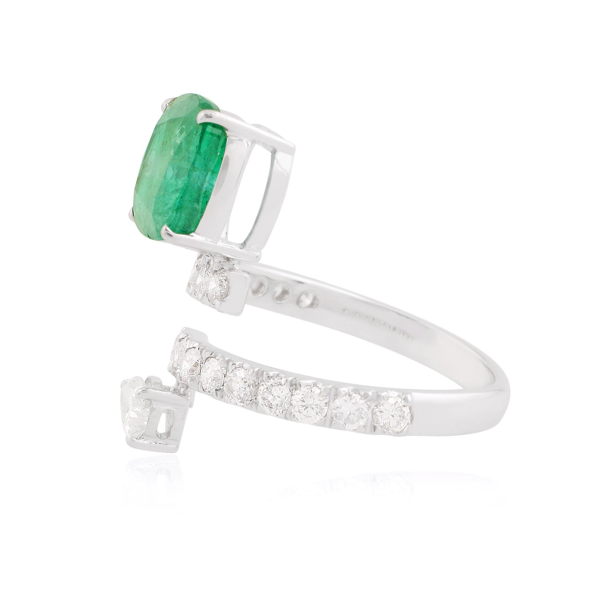 Modern Natural Zambian Emerald Gemstone Wrap Ring SI/HI Diamond 14k Solid White Gold For Sale