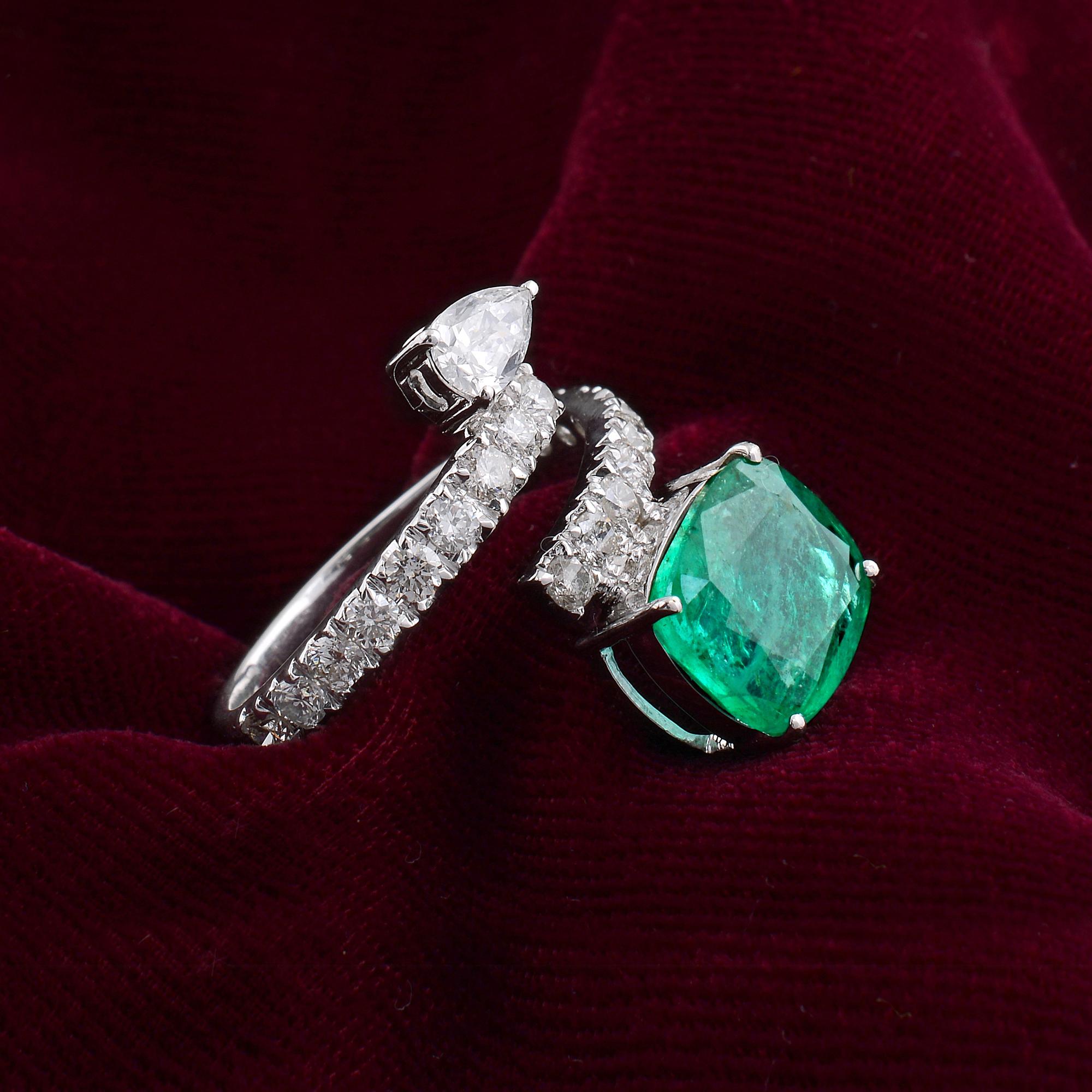 Cushion Cut Natural Zambian Emerald Gemstone Wrap Ring SI/HI Diamond 14k Solid White Gold For Sale