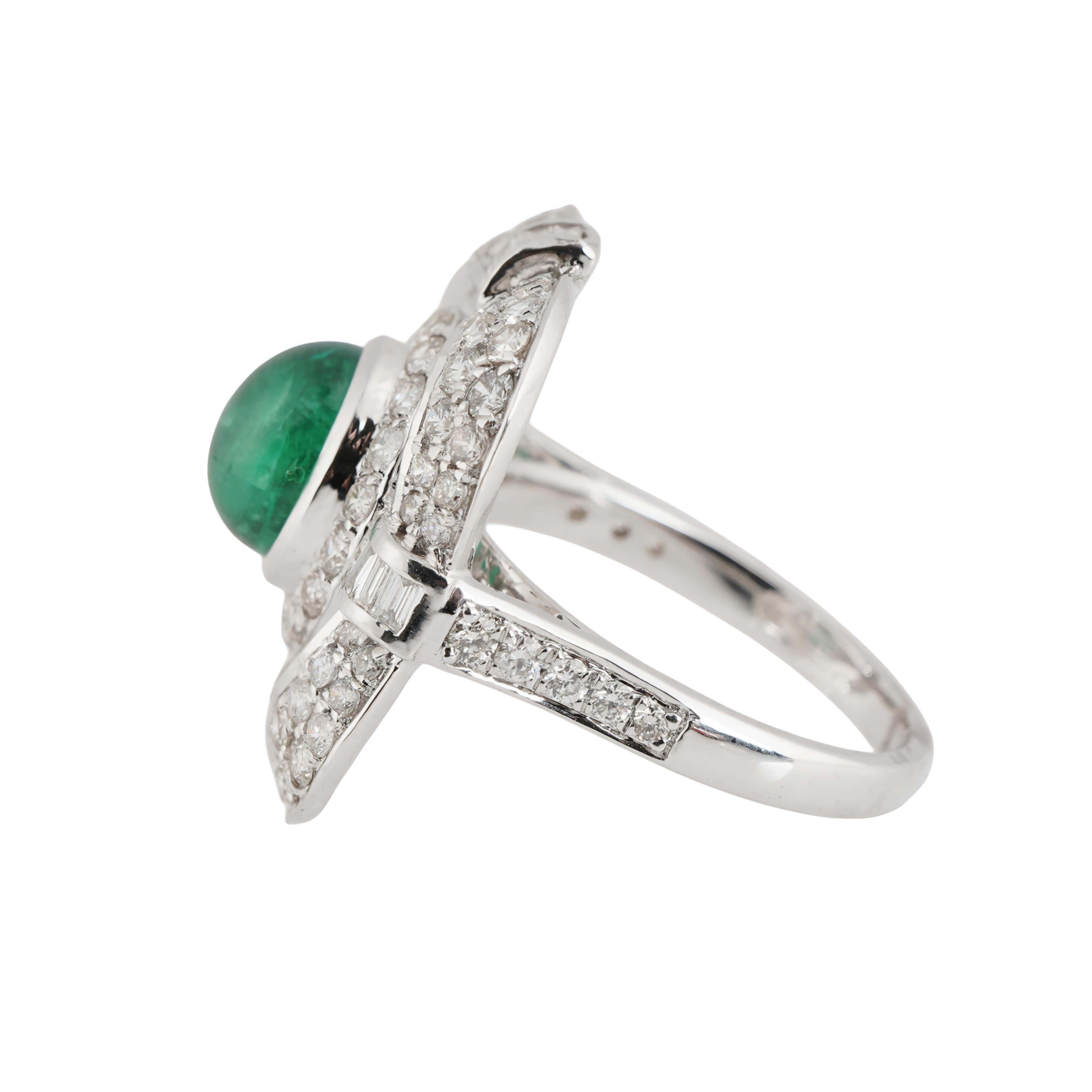 Emerald Cut Natural Zambian Emerald high quality caboshan diamond ring in 18k gold For Sale