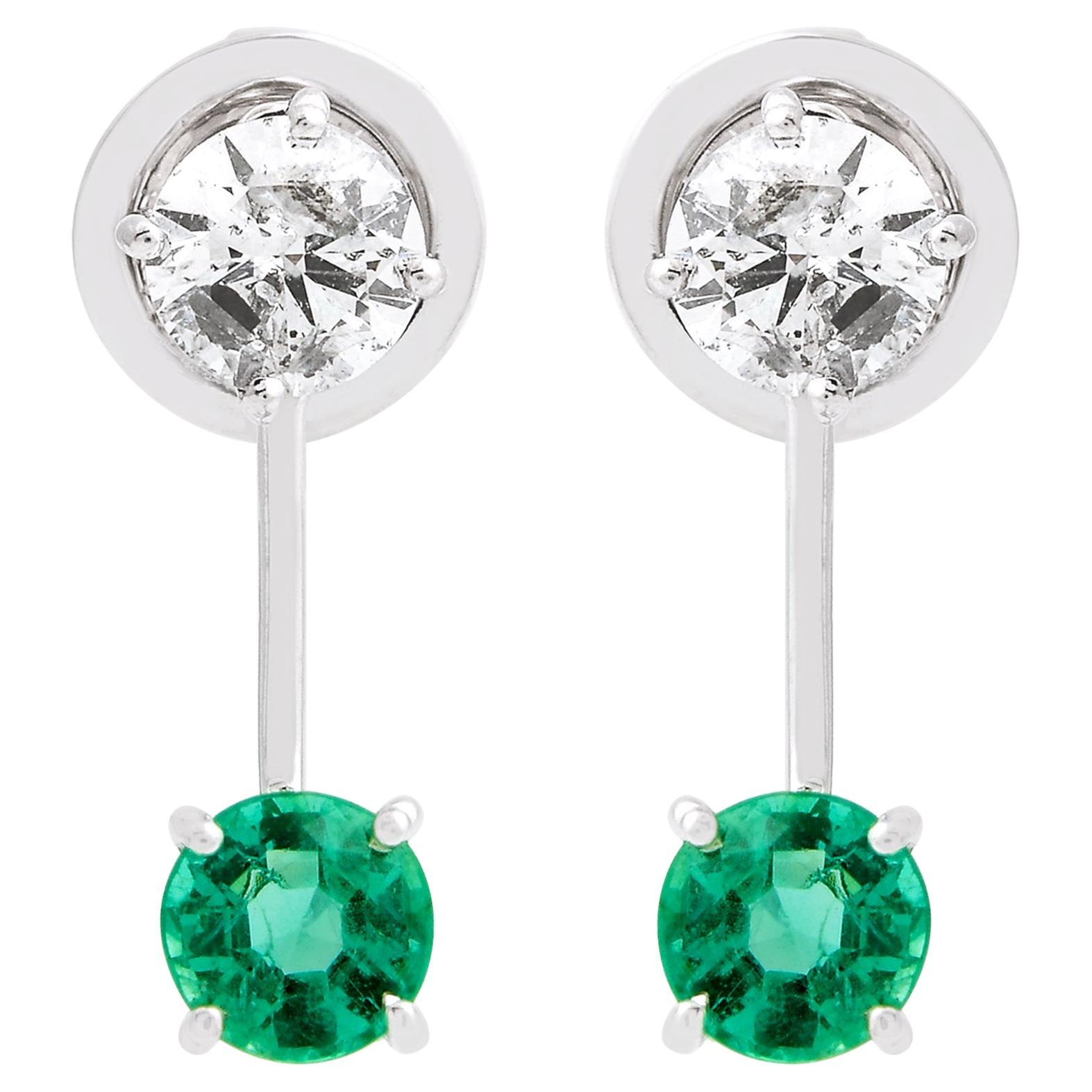 Real Emerald Jacket Earrings SI Clarity HI Color Diamond 18k White Gold Jewelry For Sale