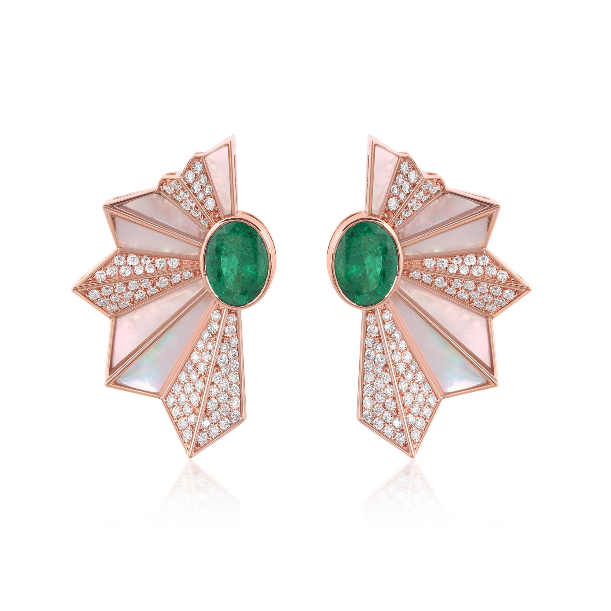Esmeralda natural de Zambia MOP Mano Pendientes Abanico Diamante 10 Kilates Oro Rosa Joyería en Nuevo estado para la venta en Diera, Dubai