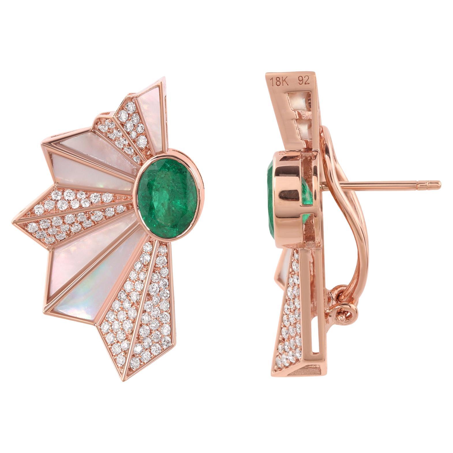 Natural Zambian Emerald MOP Hand Fan Earrings Diamond 10 Karat Rose Gold Jewelry