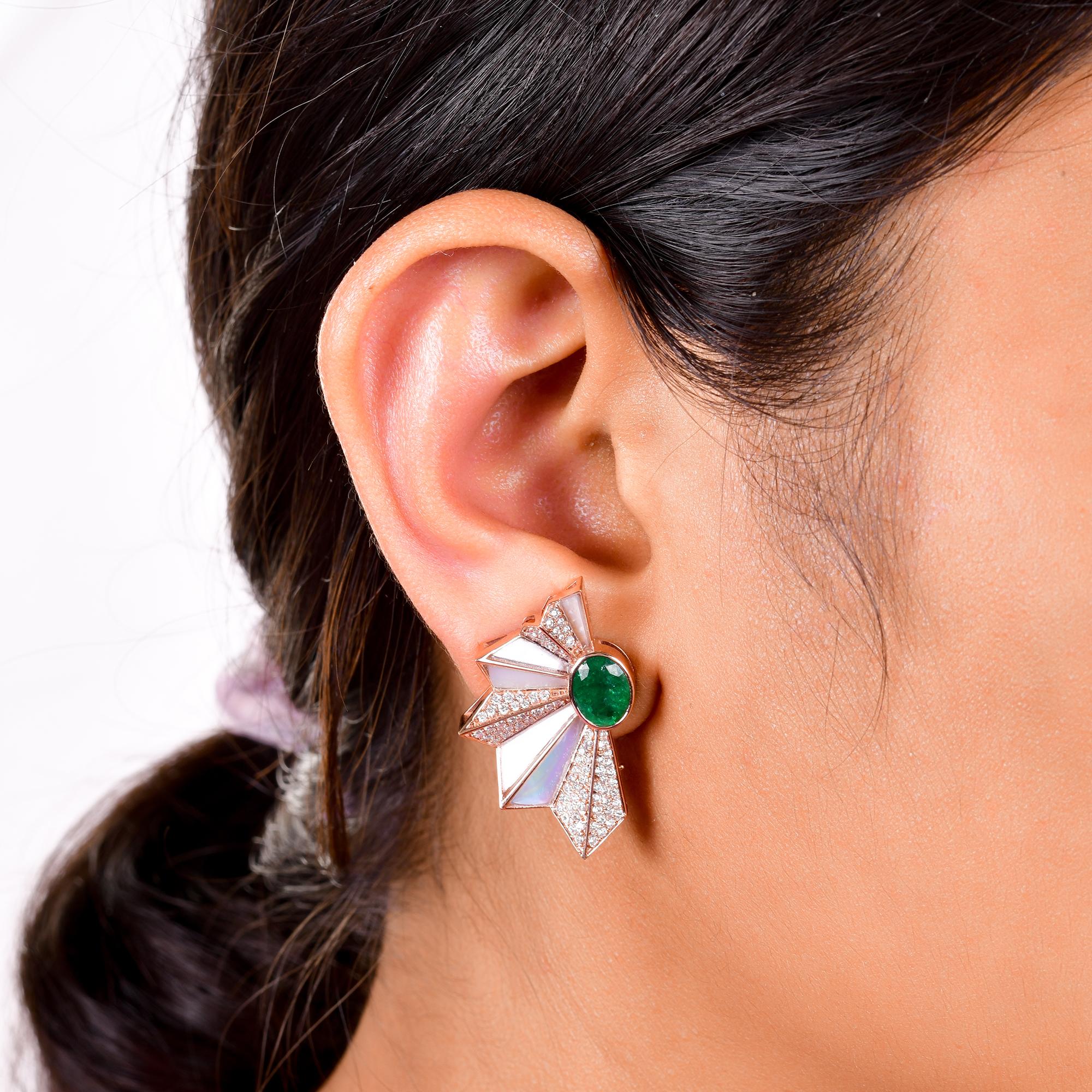 Modern Natural Zambian Emerald MOP Japanese Fan Earrings Diamond 14 Karat Rose Gold For Sale