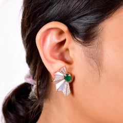 Natural Zambian Emerald MOP Japanese Fan Earrings Diamond 14 Karat Rose Gold