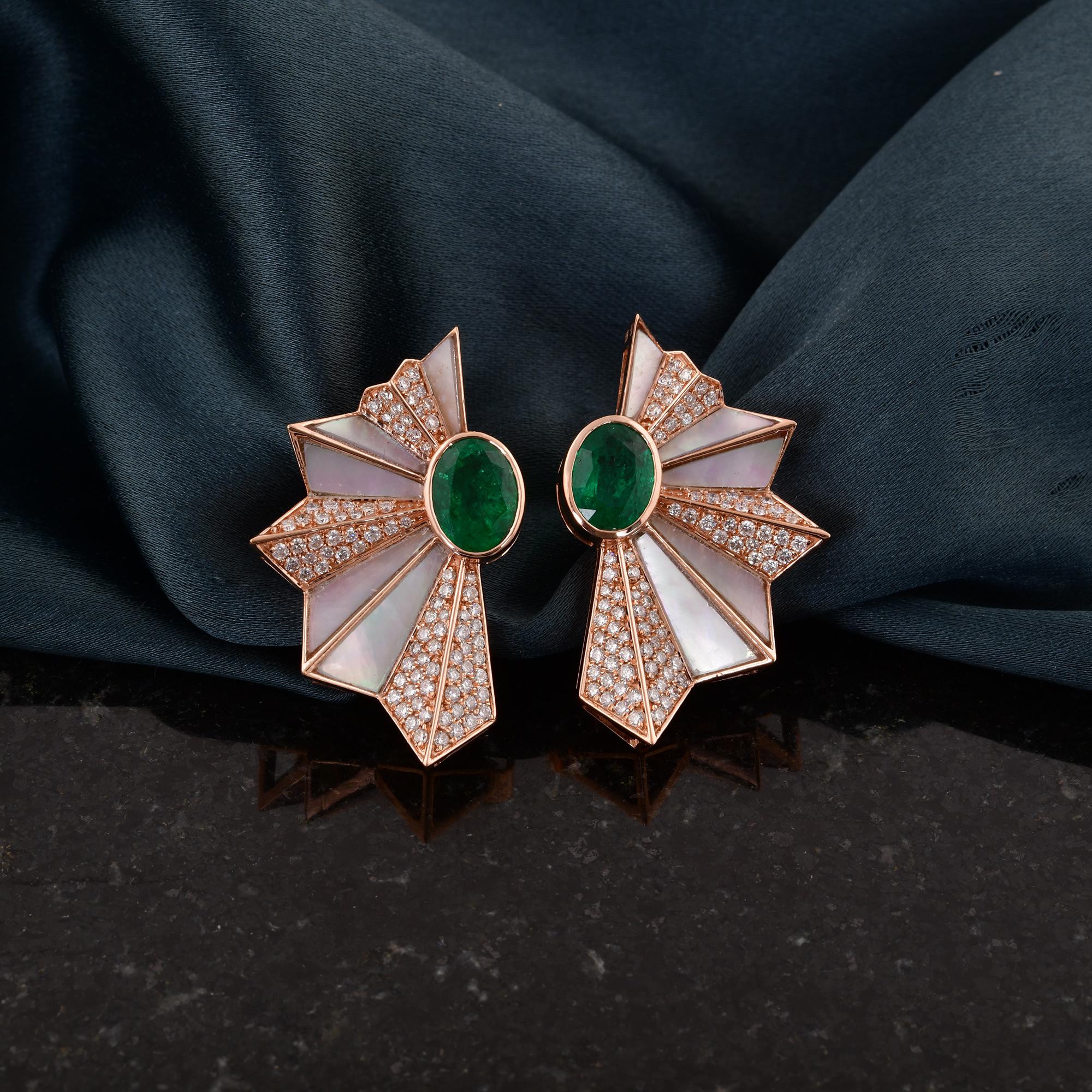 Oval Cut Natural Zambian Emerald MOP Japanese Fan Earrings Diamond 14 Karat Rose Gold For Sale