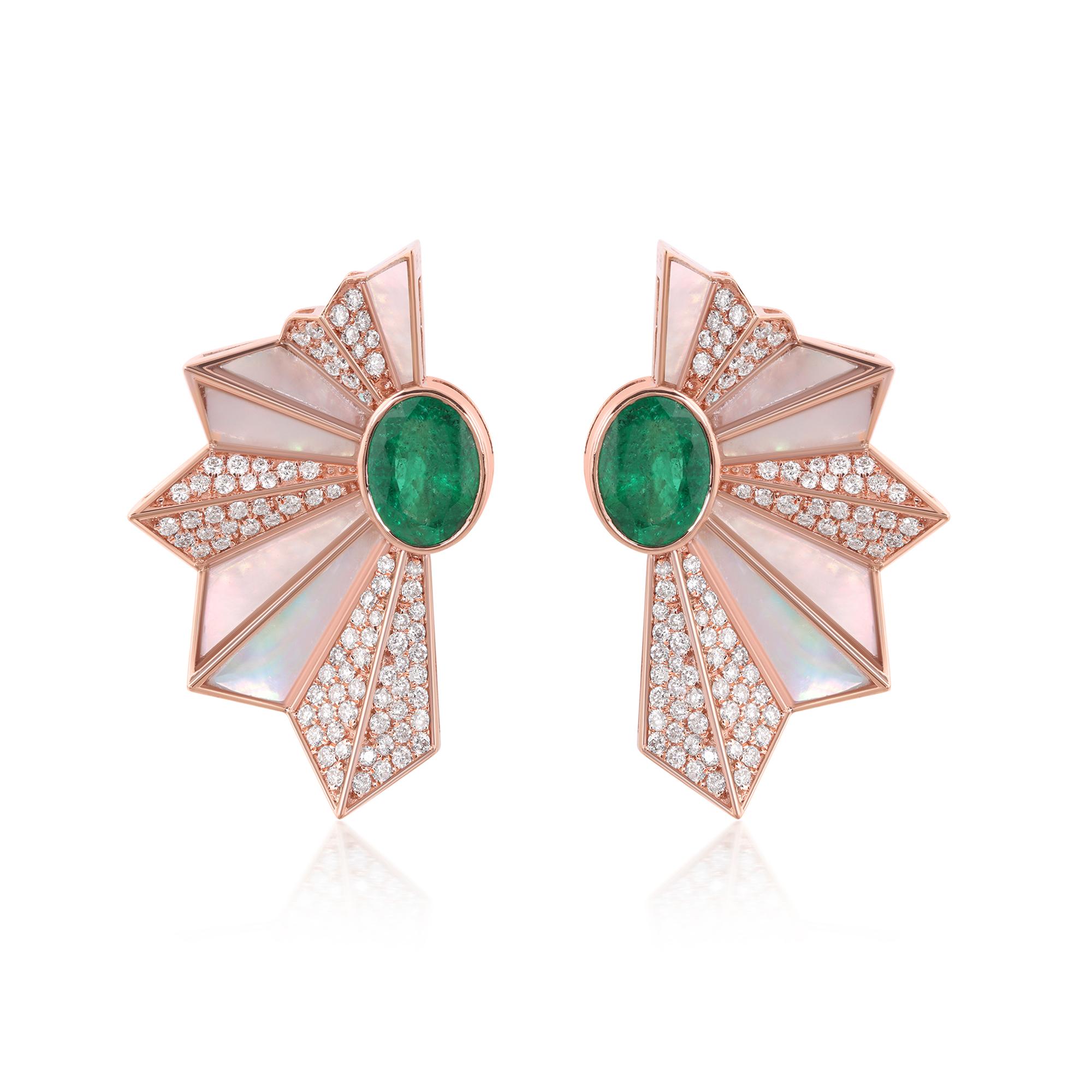 Women's Natural Zambian Emerald MOP Japanese Fan Earrings Diamond 14 Karat Rose Gold For Sale