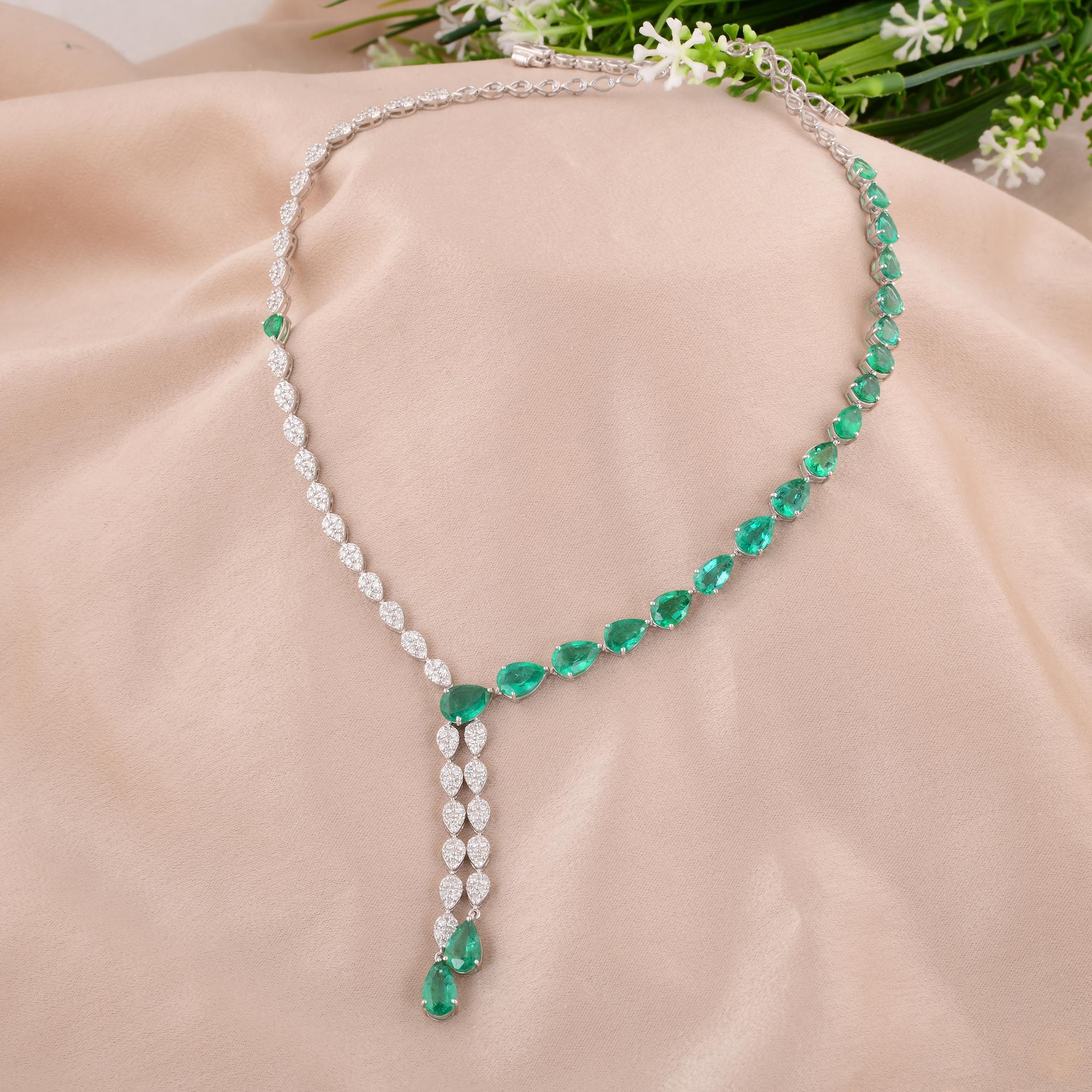 Modern Natural Zambian Emerald Necklace Pear Diamond 14 Karat White Gold Fine Jewelry For Sale
