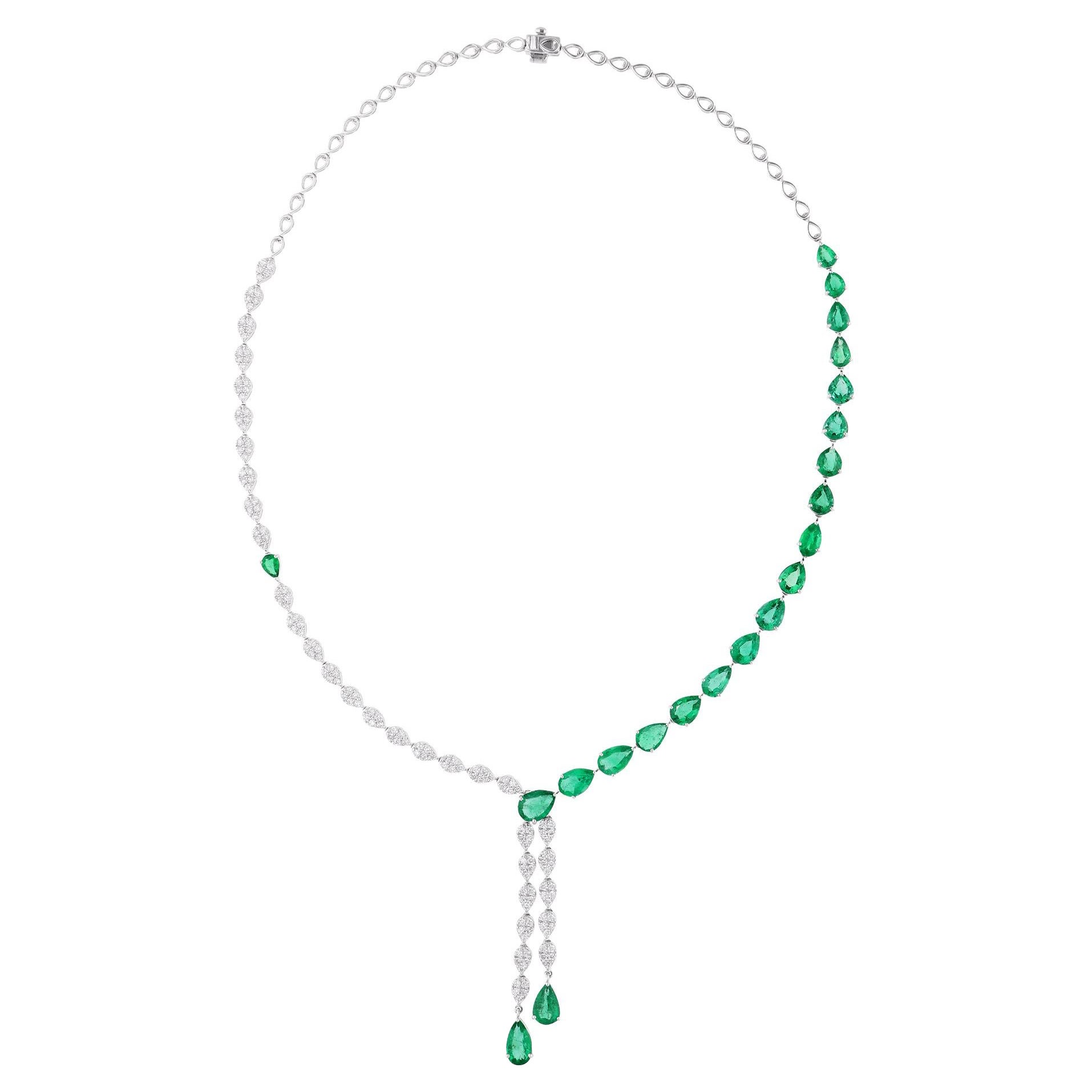 Collier d'émeraudes naturelles de Zambie en or blanc 18 carats avec diamants en poire