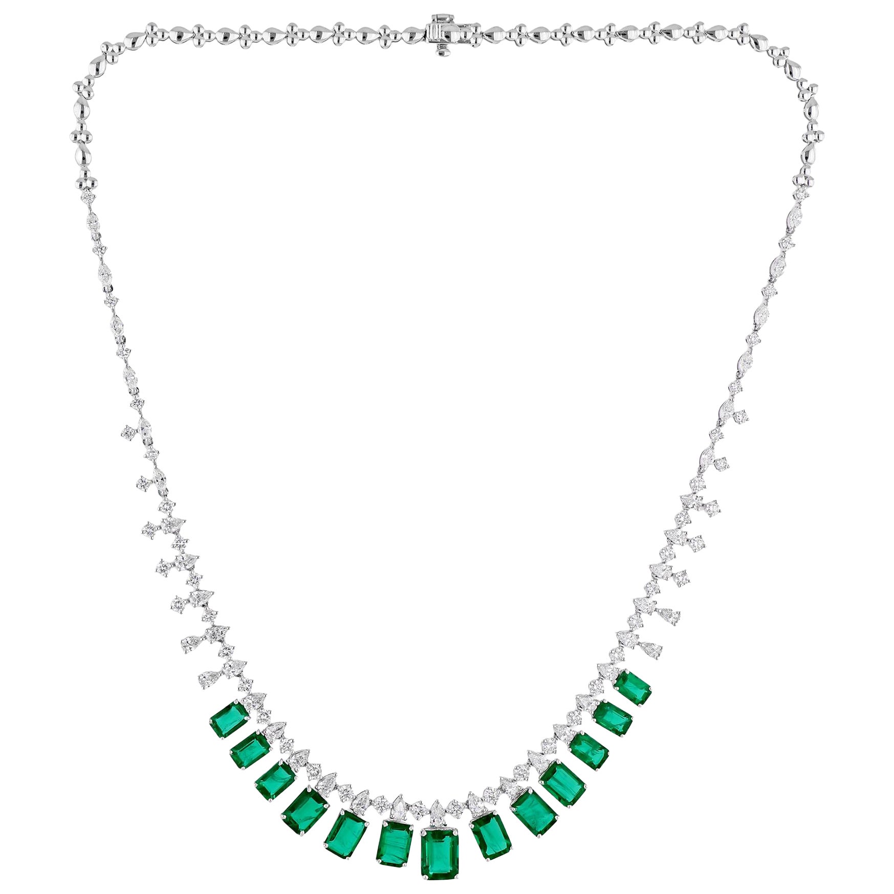 Natural Zambian Emerald Necklace SI/H Diamond 14 Karat White Gold Fine Jewelry For Sale