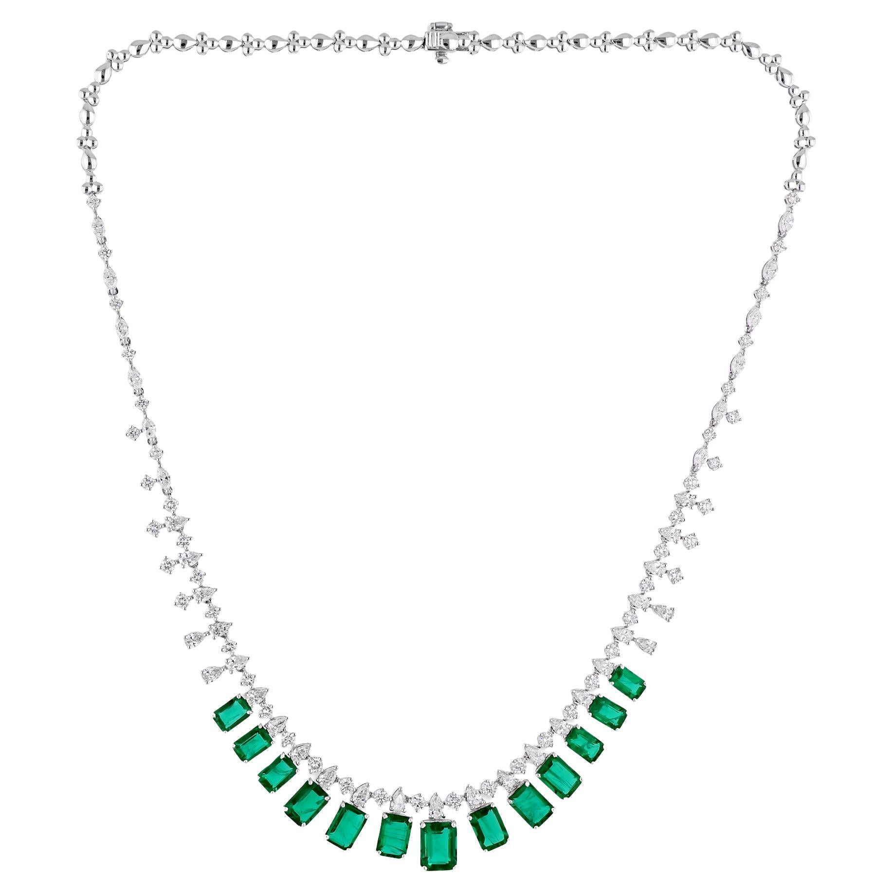 Collar Esmeralda Natural de Zambia SI/H Diamante Oro Blanco 14 Kilates Joyería Fina