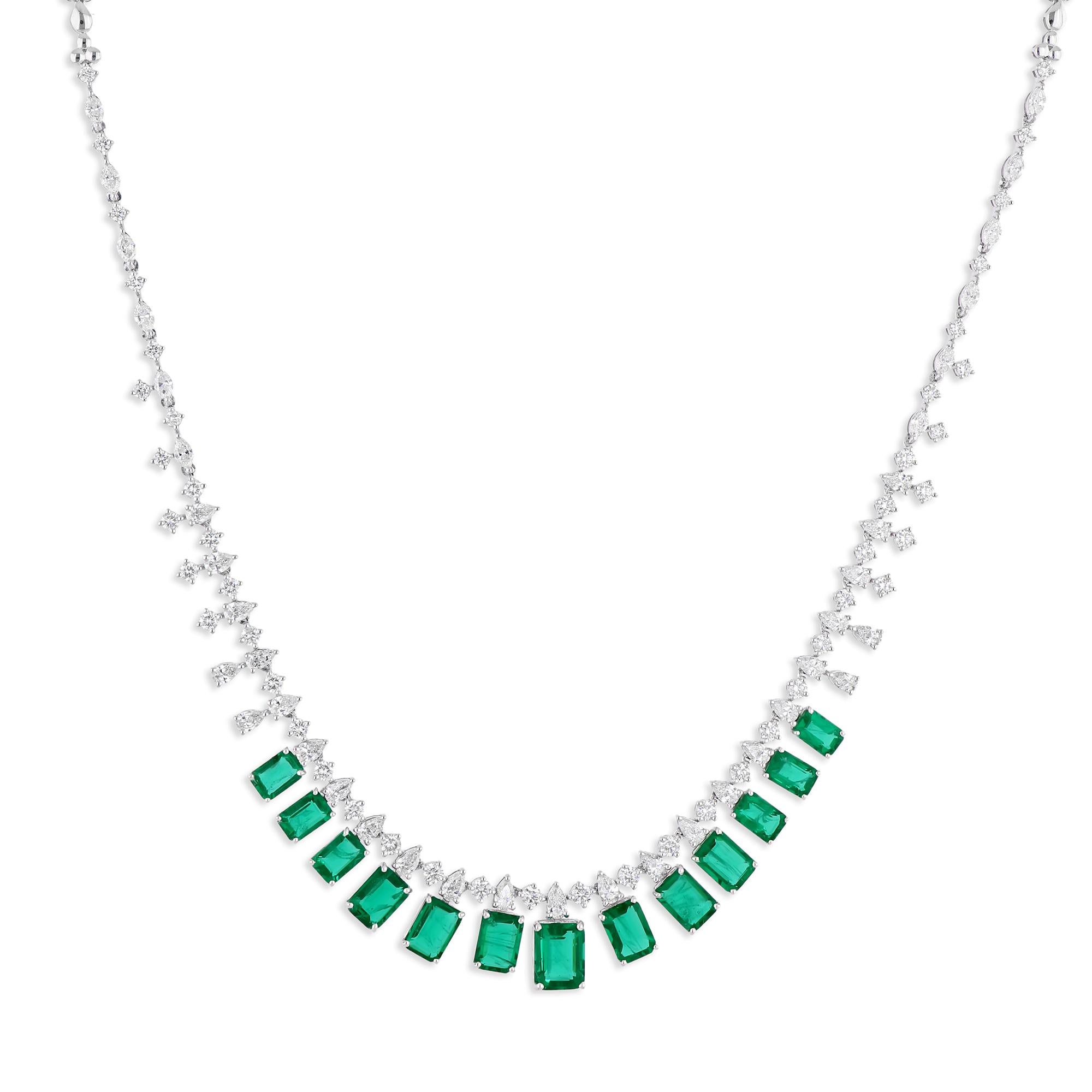 This elegant necklace features 10.60 carats of natural Zambian emeralds, beautifully set in 18 karat white gold. Accented by 5.40 carats of SI/H diamonds, this piece exudes luxury and sophistication. The diamonds, with an average clarity of SI1-SI2