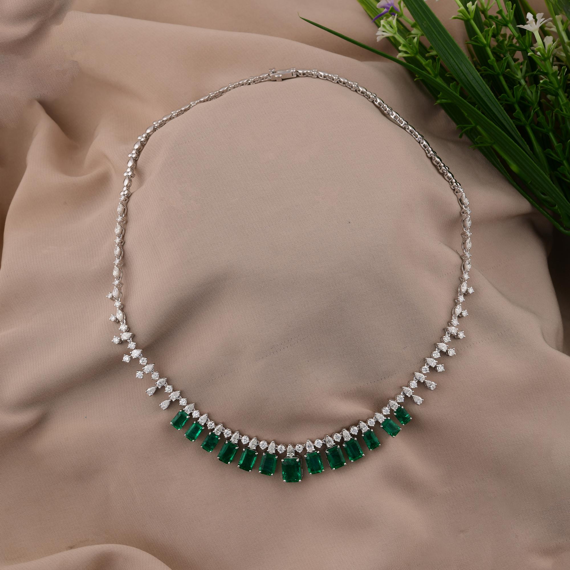 Modern Natural Zambian Emerald Necklace SI/H Diamond 18 Karat White Gold Fine Jewelry For Sale