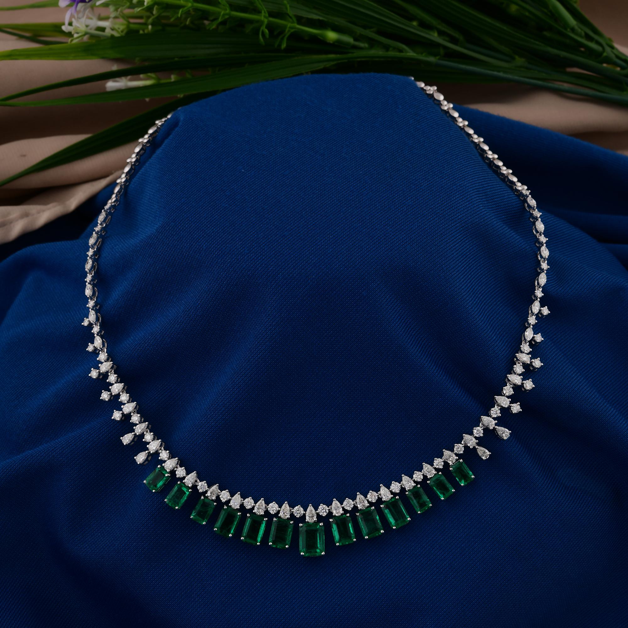 Emerald Cut Natural Zambian Emerald Necklace SI/H Diamond 18 Karat White Gold Fine Jewelry For Sale