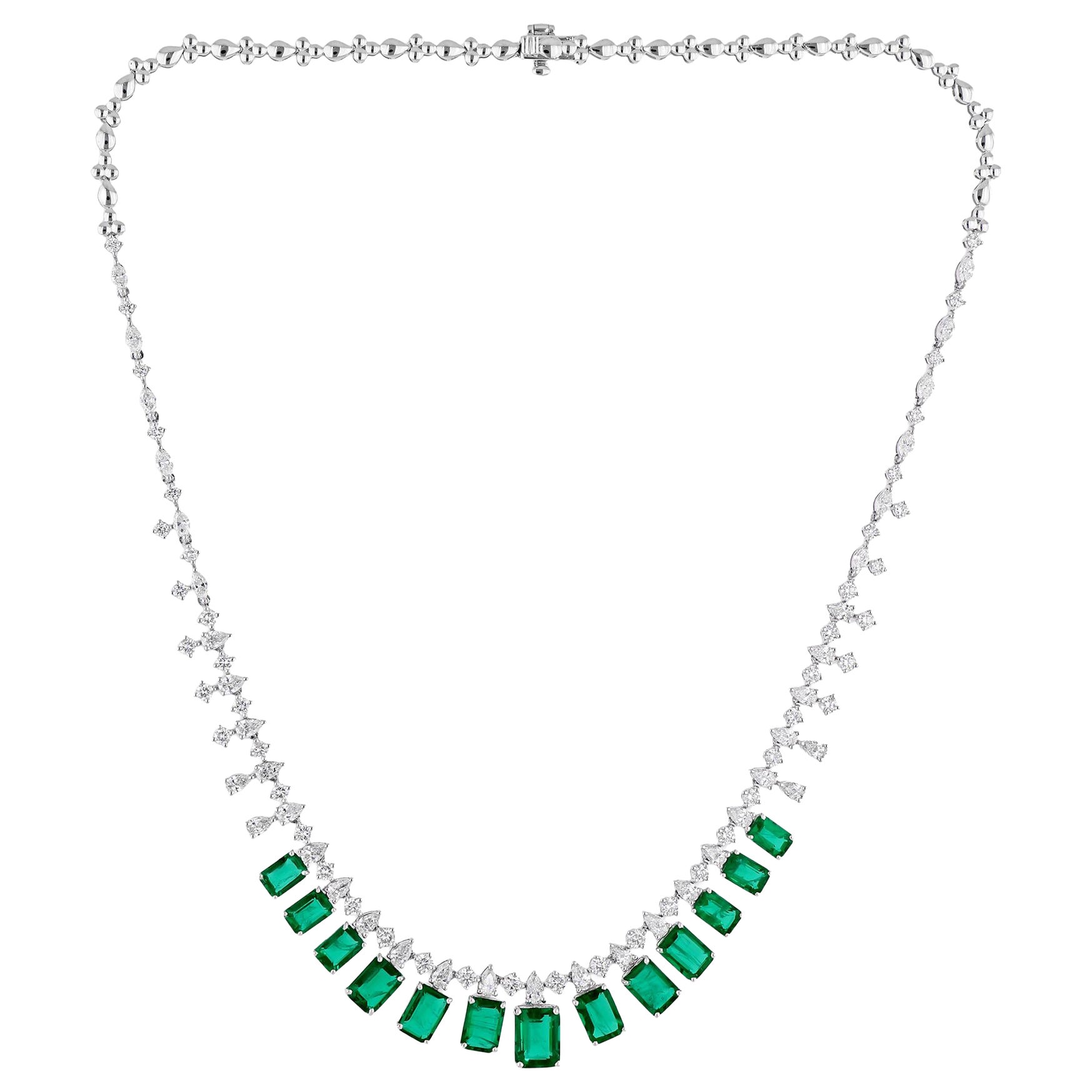 Natural Zambian Emerald Necklace SI/H Diamond 18 Karat White Gold Fine Jewelry