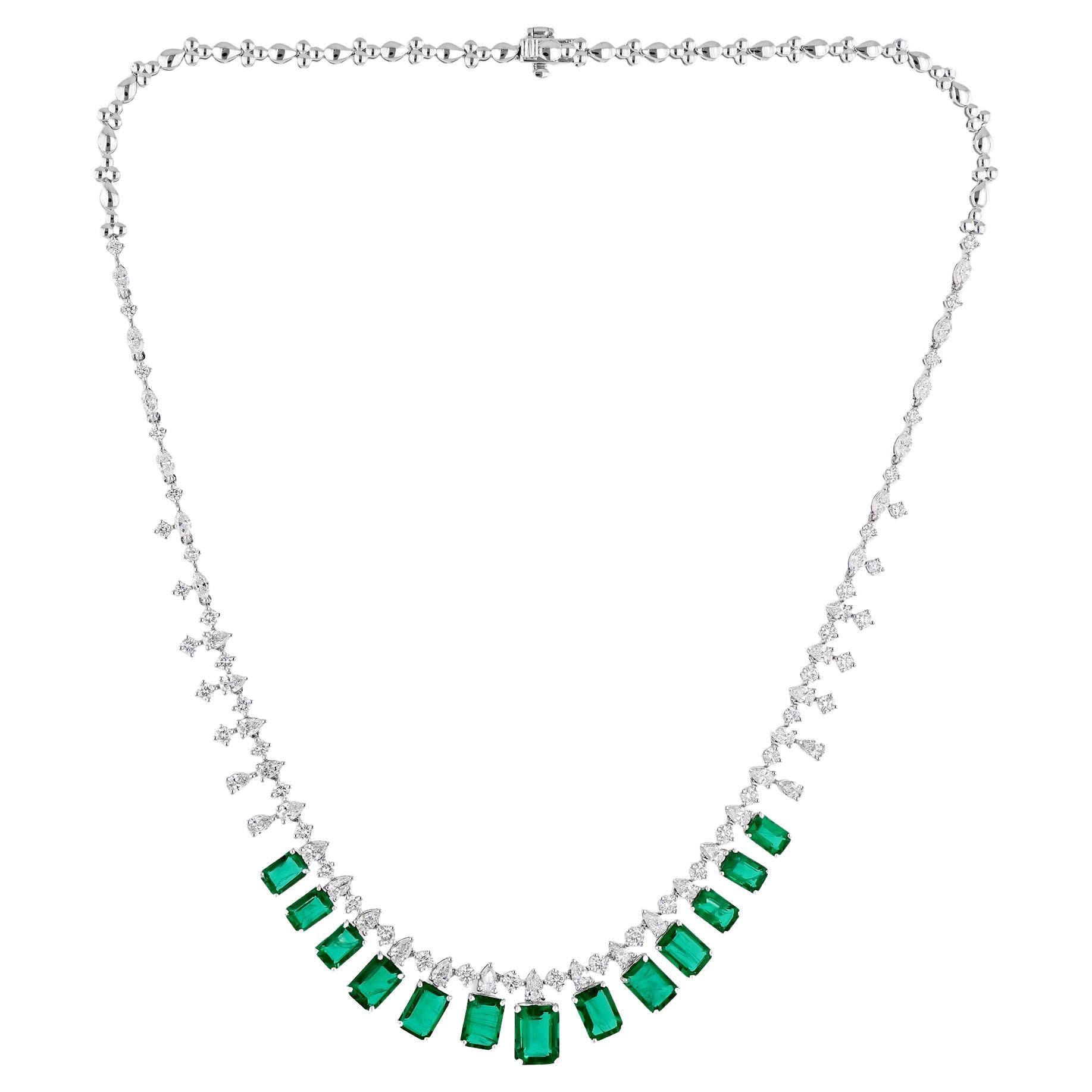 Natural Zambian Emerald Necklace SI/H Diamond 18 Karat White Gold Fine Jewelry