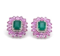 Natural 3.38cts Emerald, 5.38cts Sapphire & 0.43 Diamond Earring in 14k Gold