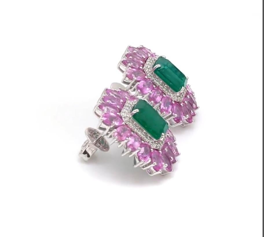 Asscher Cut Natural zambian emerald Pink sapphire earring in 14k gold For Sale