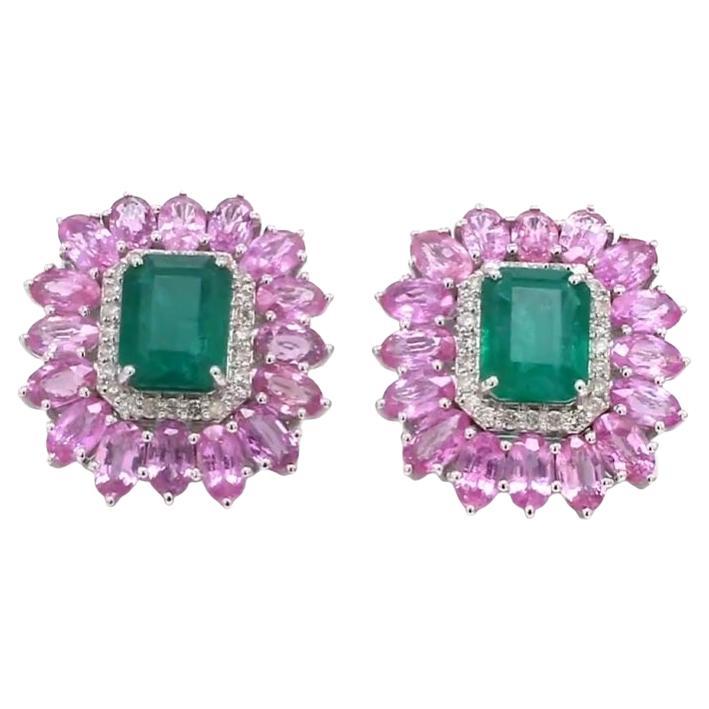 Natural zambian emerald Pink sapphire earring in 14k gold