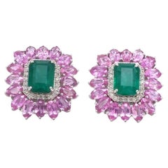 Natural zambian emerald Pink sapphire earring in 14k gold