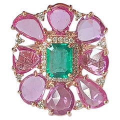 Natural Zambian Emerald, Pink Sapphires 
Diamonds Cocktail Ring set in 18K Gold